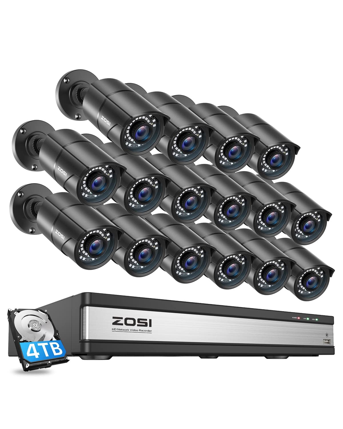 ZOSI Sistema de cámara de seguridad PoE 4K H.265+ 16CH con 16 cámaras 5MP y NVR 4TB 16DK-2615B16-40-US