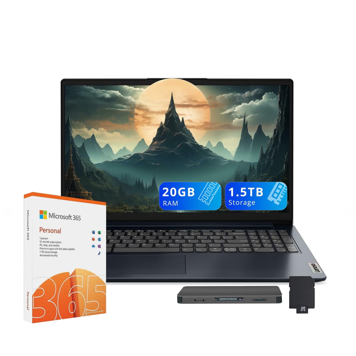 Lenovo IdeaPad 1 15.6" HD Laptop, Intel Celeron N4500, 20GB RAM, 1TB SSD+128GB eMMC, Intel UHD Graphics, 1 año Office 365, Teclado numérico, Wi-Fi 6, Win 11, Azul Abyss, Set de estación de acoplamiento 512GB