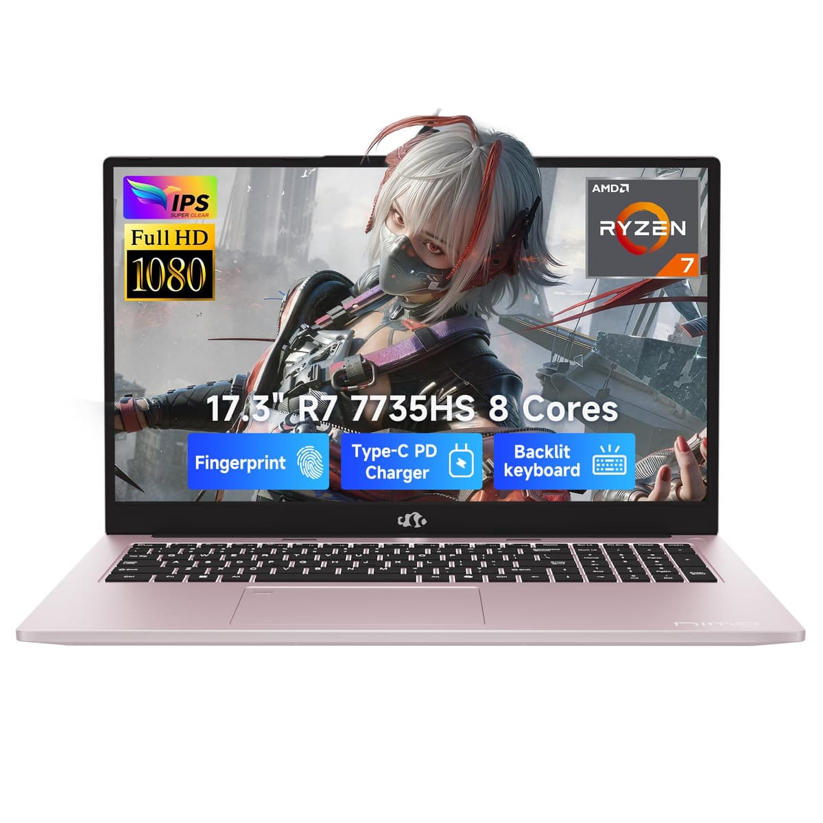 NIMO Laptop para Juegos, Pantalla FHD de 17.3", AMD Ryzen 7 7735HS (8 núcleos/16 hilos, hasta 4.75 GHz), 32GB DDR5, SSD NVMe 1TB, Gráficos Radeon 680M, Teclado Retroiluminado, Desbloqueo por Huella, PD 100W Tipo-C ARN21S