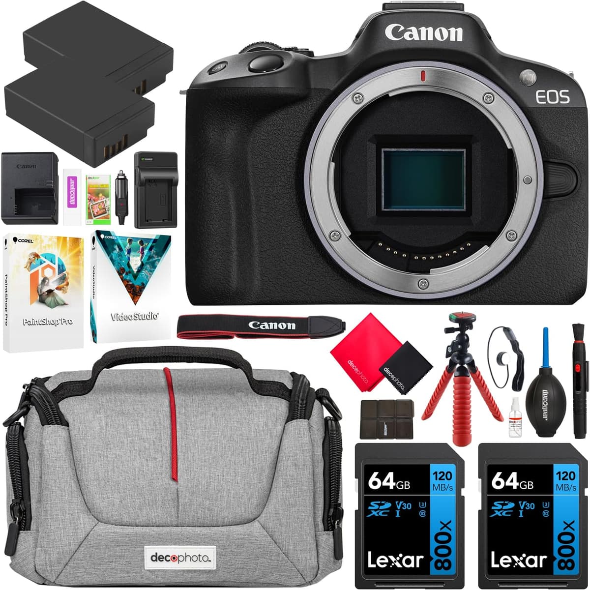 Canon EOS R50 Cuerpo (Black) + Bolsa Deco Gear, 2 baterías y 2x64GB E14CNEOSR50BODY