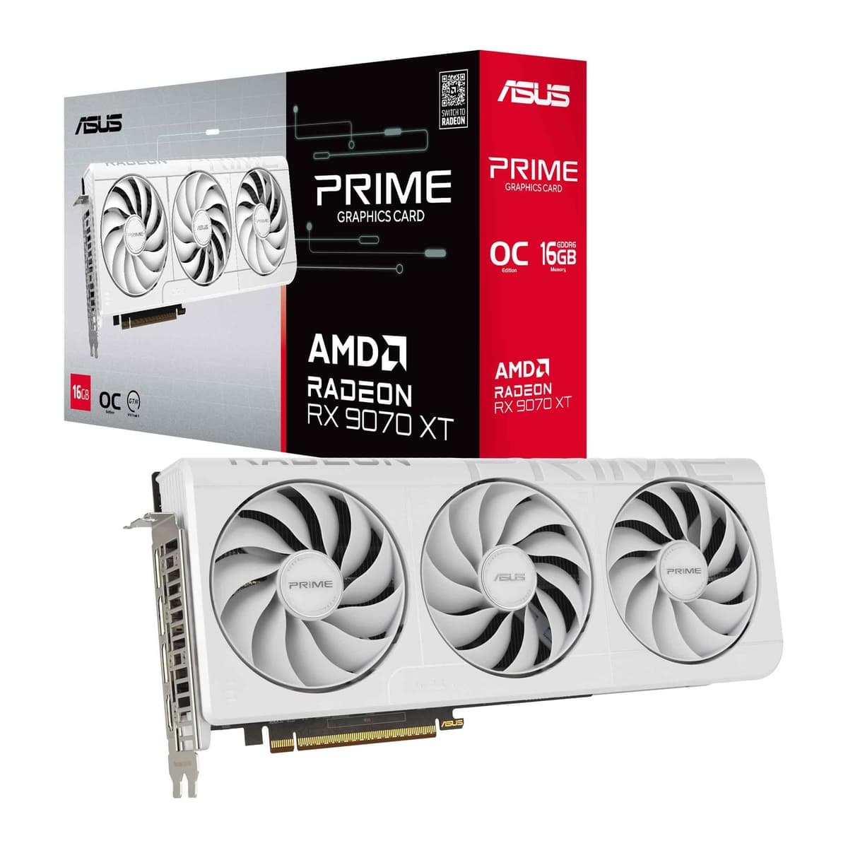 ASUS Prime Radeon RX 9070 XT White OC Edition Tarjeta Gráfica (PCIe 5.0, HDMI/DP 2.1, Diseño de 2.5 ranuras, Ventiladores axial-tech, Rodamientos de bolas dobles, BIOS dual, GPU Guard) RX9070XT-O16G-WHITE