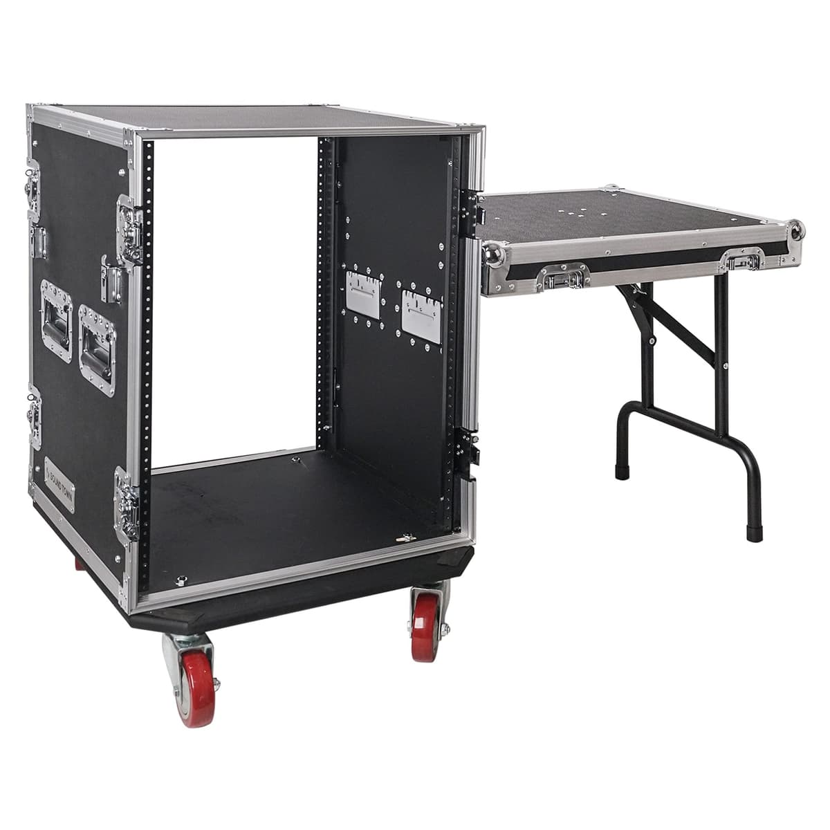 Sound Town Rack/Case para PA/DJ 14U con mesa de trabajo y ruedas (STRC-14UWT)