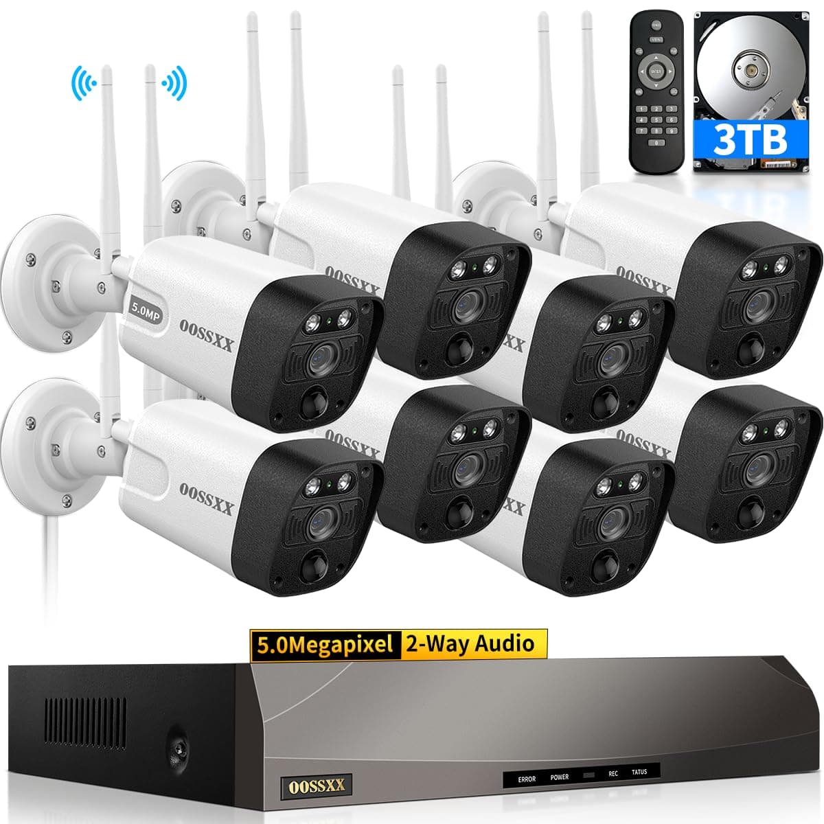 OOSSXX Audio bidireccional y detección PIR 5.5MP Antenas duales Mejoradas WiFi Sistema de cámara inalámbrica Vigilancia Cámaras de seguridad inalámbricas para exteriores Sistema de vigilancia por video Kit DVR Free APP No Month Fee