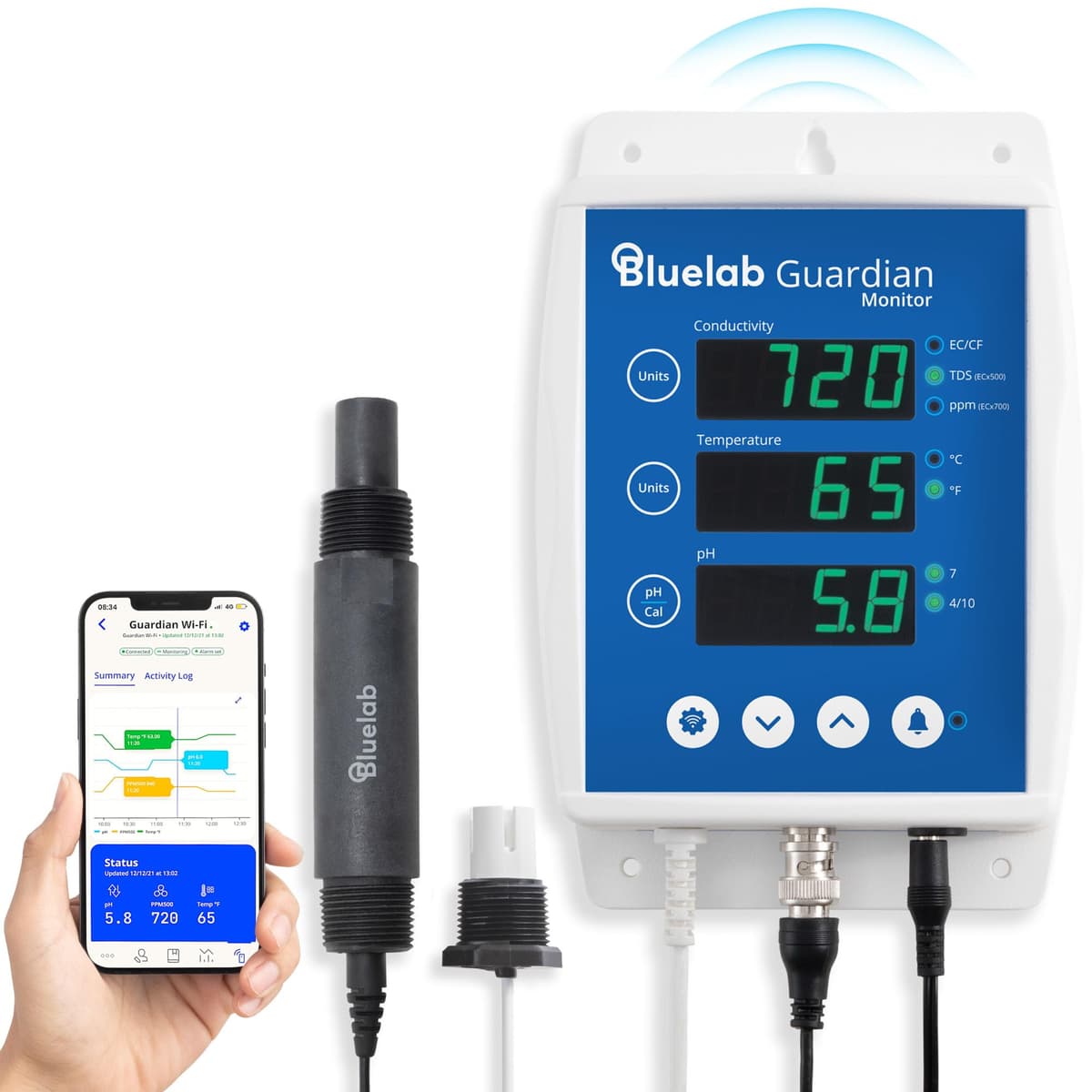Bluelab Guardian Monitor Inline Wi-Fi - Medidor Digital 3-en-1 pH, Conductividad (TDS/PPM) y Temperatura para Sistemas de Dosificación BGUNLN02