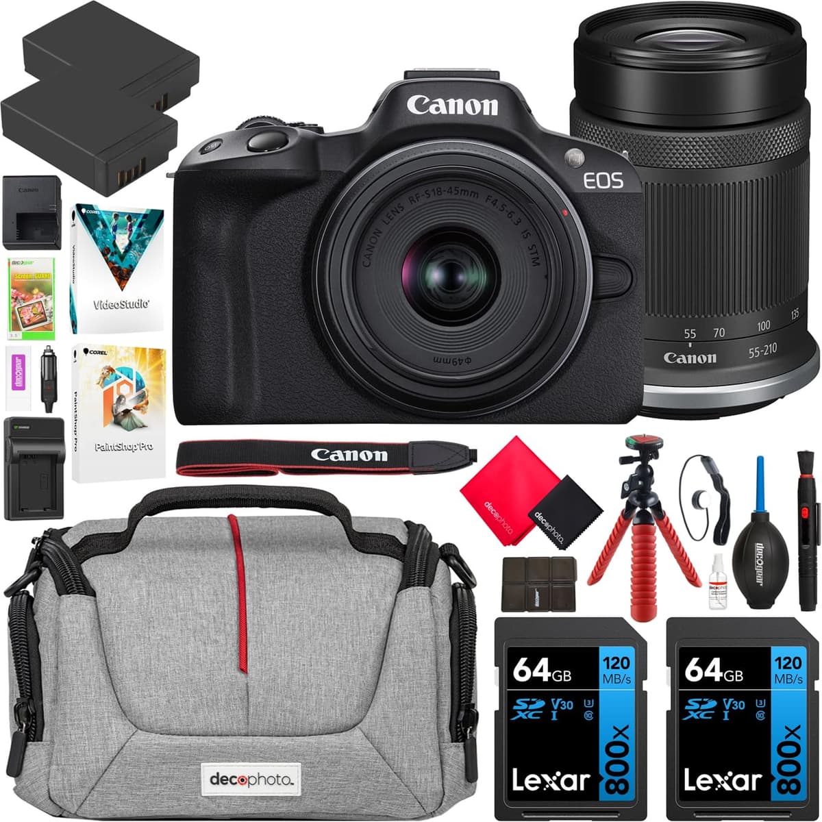 Canon EOS R50 Cuerpo Mirrorless + Kit 2 Lentes RF-S 18-45mm y 55-210mm + Accesorios (Bundle) E14CNEOSR50LENX2