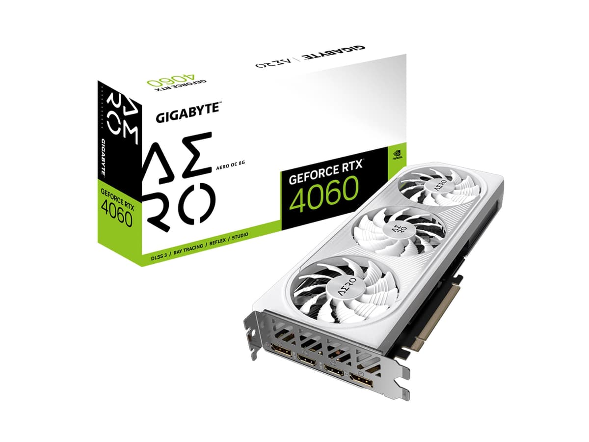 Tarjeta de video Gigabyte GeForce RTX 4060 AERO OC 8G, 3 ventiladores WINDFORCE, 8GB GDDR6 128 bits, modelo GV-N4060AERO OC-8GD