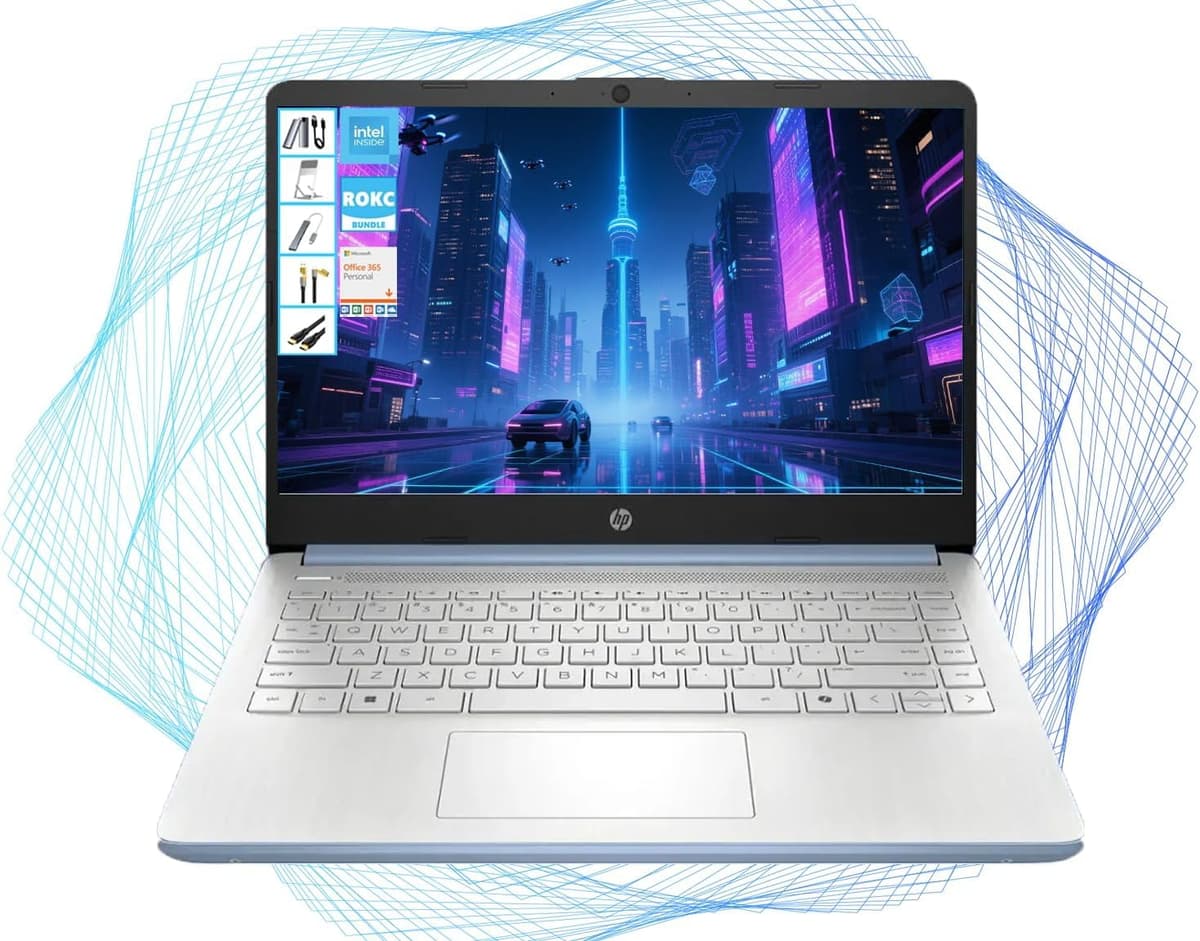 HP Laptop 14" HD con Microsoft Office y 1TB de almacenamiento en la nube (1 año) | 8GB RAM | 128GB SSD y 128GB SSD portátil | CPU Intel de 4 núcleos (mejor que i3-10110U) | Ultraligero | Cámara web | Windows 11 | Paquete RK | Azul 14-dq6012dx