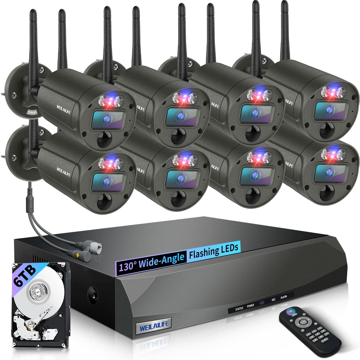 WEILAILIFE 【90 Días de Almacenamiento y Ángulo Amplio de 130°】 Sistema de Cámaras de Seguridad Inalámbricas para Exteriores, Cámaras Inalámbricas para Seguridad del Hogar, Kits DVR de Videovigilancia WiFi CSWL-09SP5MP02