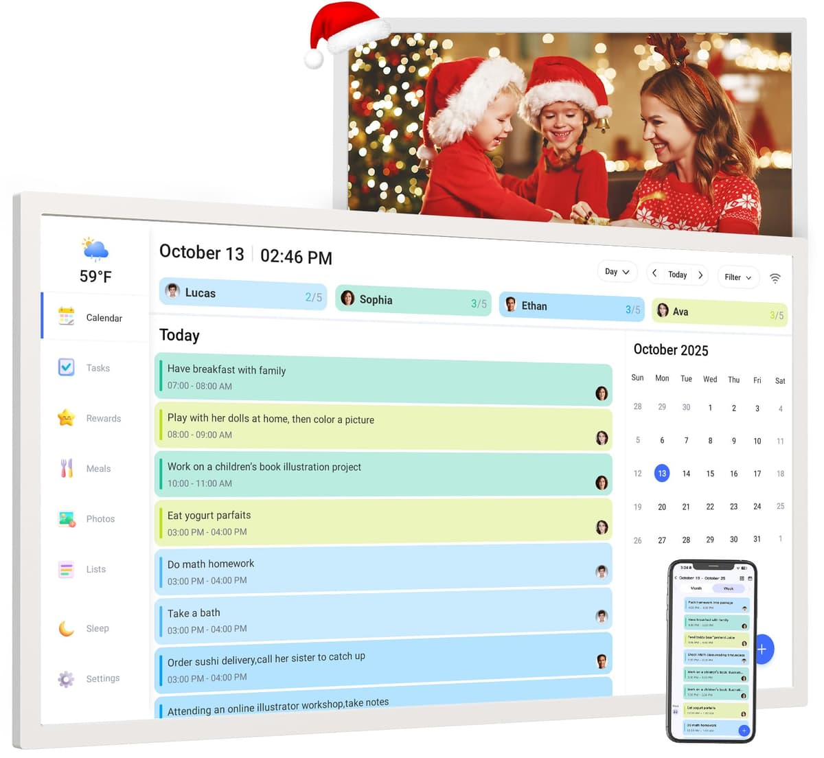 FULLJA Marco digital calendario táctil inteligente 32" para horarios familiares - pantalla interactiva, recompensa Task Star, sincronización automática con Google iCloud Outlook, para pared y escritorio, regalo para mamá y papá RIV001