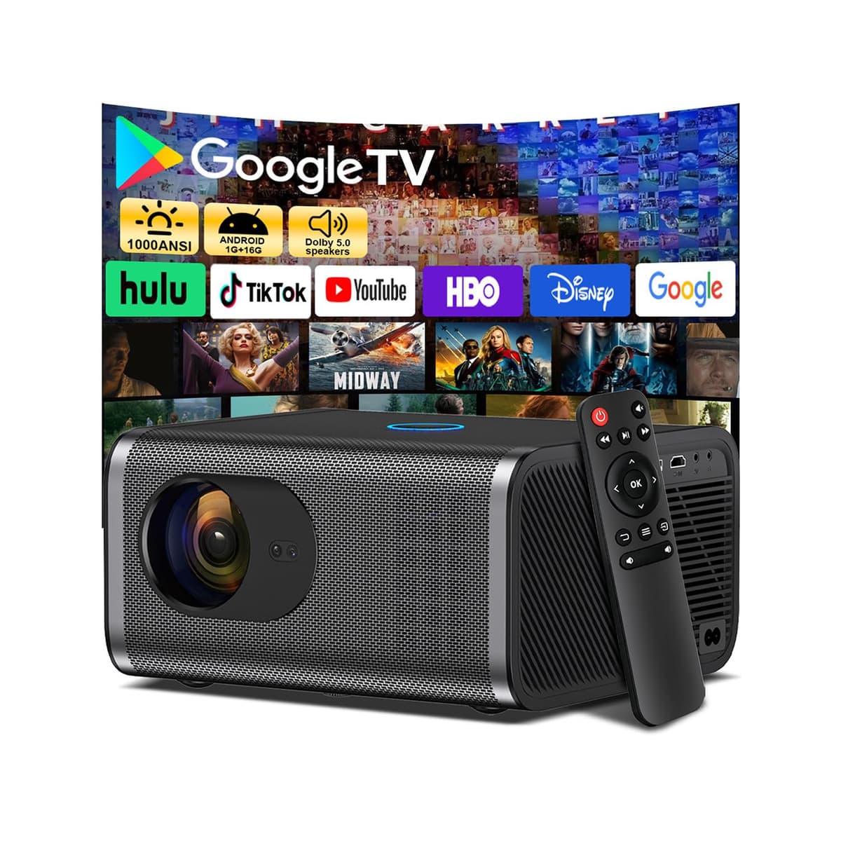 Polaring [1000 lúmenes ANSI/Autoenfoque/Apps Integradas] Proyector 4K para Exteriores con WiFi y Bluetooth, Smart TV OS y Dolby Atmos, Proyector 1080P con Pantalla de 300'', Proyector de Cine en Casa