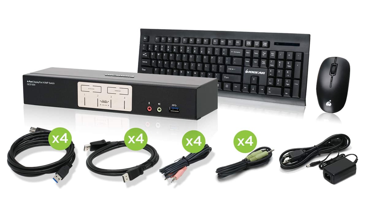 IOGEAR KVM 4 Puertos Cinema 4K DisplayPort 1.2 con Teclado y Mouse Inalámbricos - con Juego Completo de Cables (GCS1934-KM Cumple con TAA)