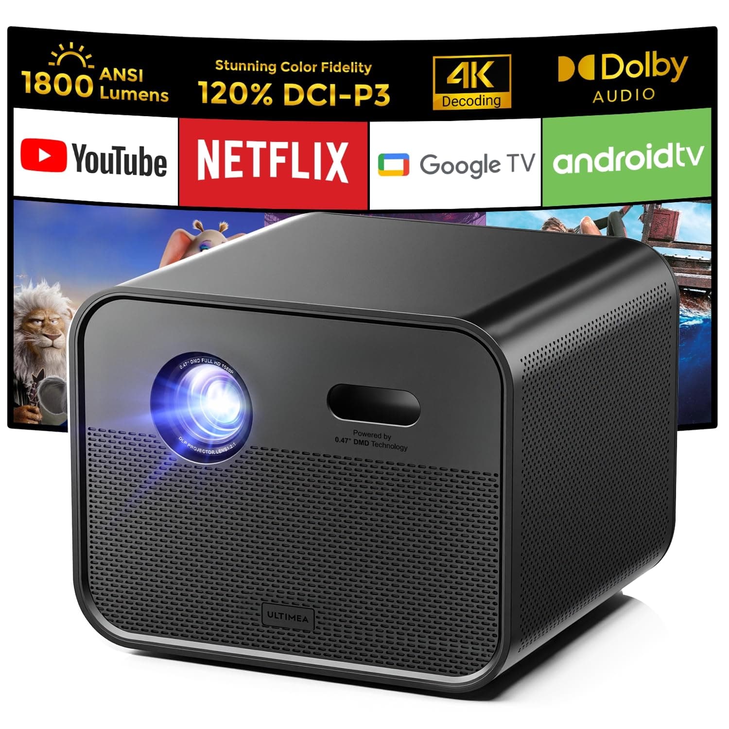 ULTIMEA Poseidon E100 Proyector inteligente 4K DLP 1800 ANSI, 1080P nativo, enfoque automático y 6D Keystone U0840