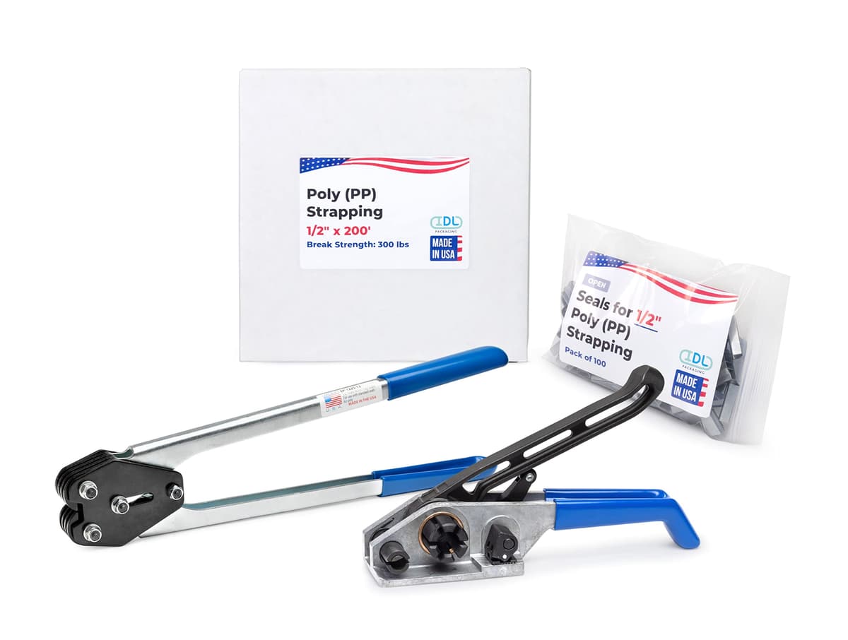 IDL Packaging Kit 1/2" x 200' Polypropylene (PP) Strapping, 300 lbs Break Strength, 100 Sellos, Tensionador y Grampas US-PPSK.300.200