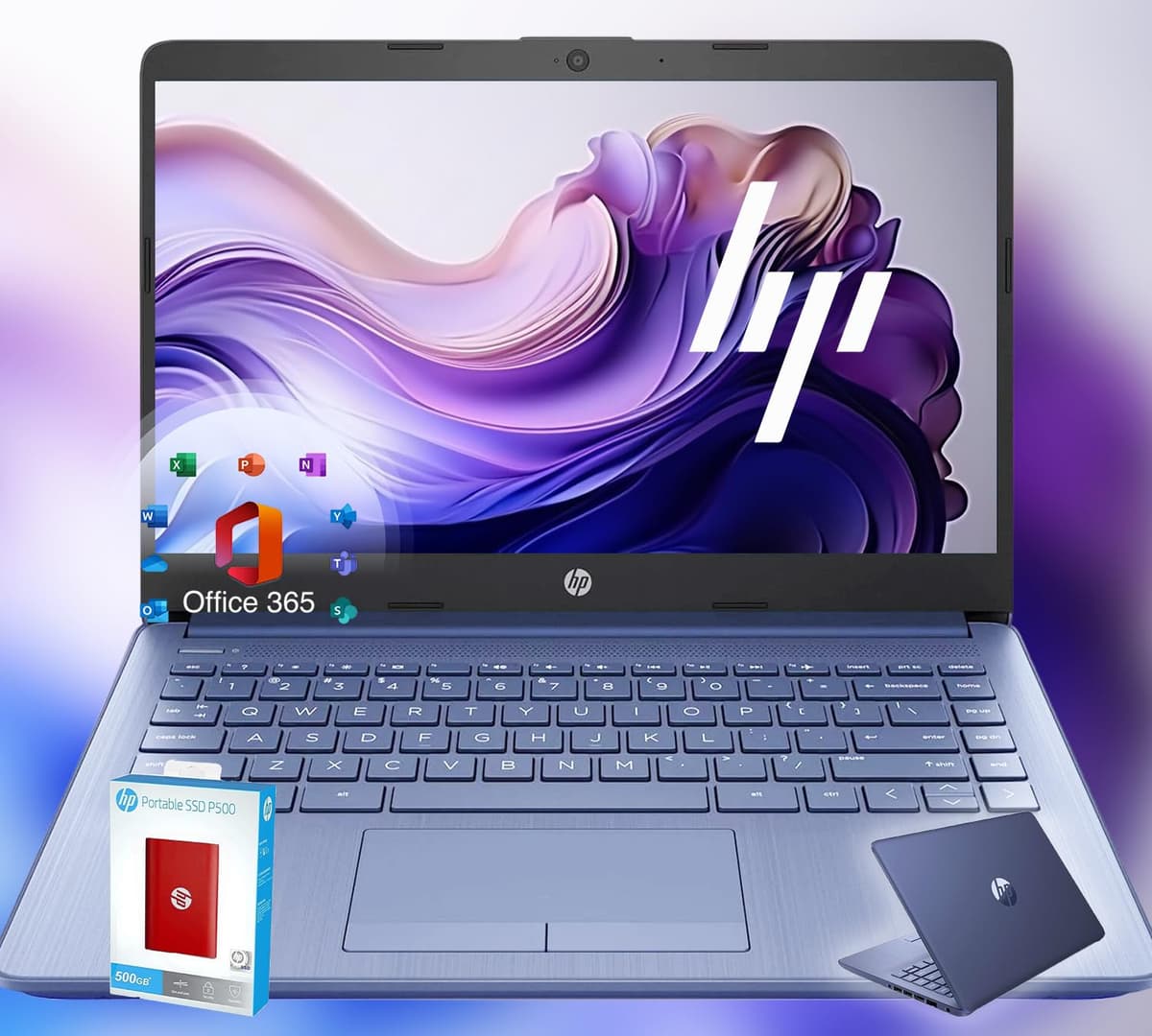 HP 14 Ultrabook • Edición limitada Vuelta a Clases con Microsoft 365 • CPU Intel de 4 núcleos • 16 GB RAM • 1600 GB de almacenamiento (64 GB integrado con HP SSD portátil P500 de 512 GB + 1 TB en OneDrive) • Azul real • Windows 11