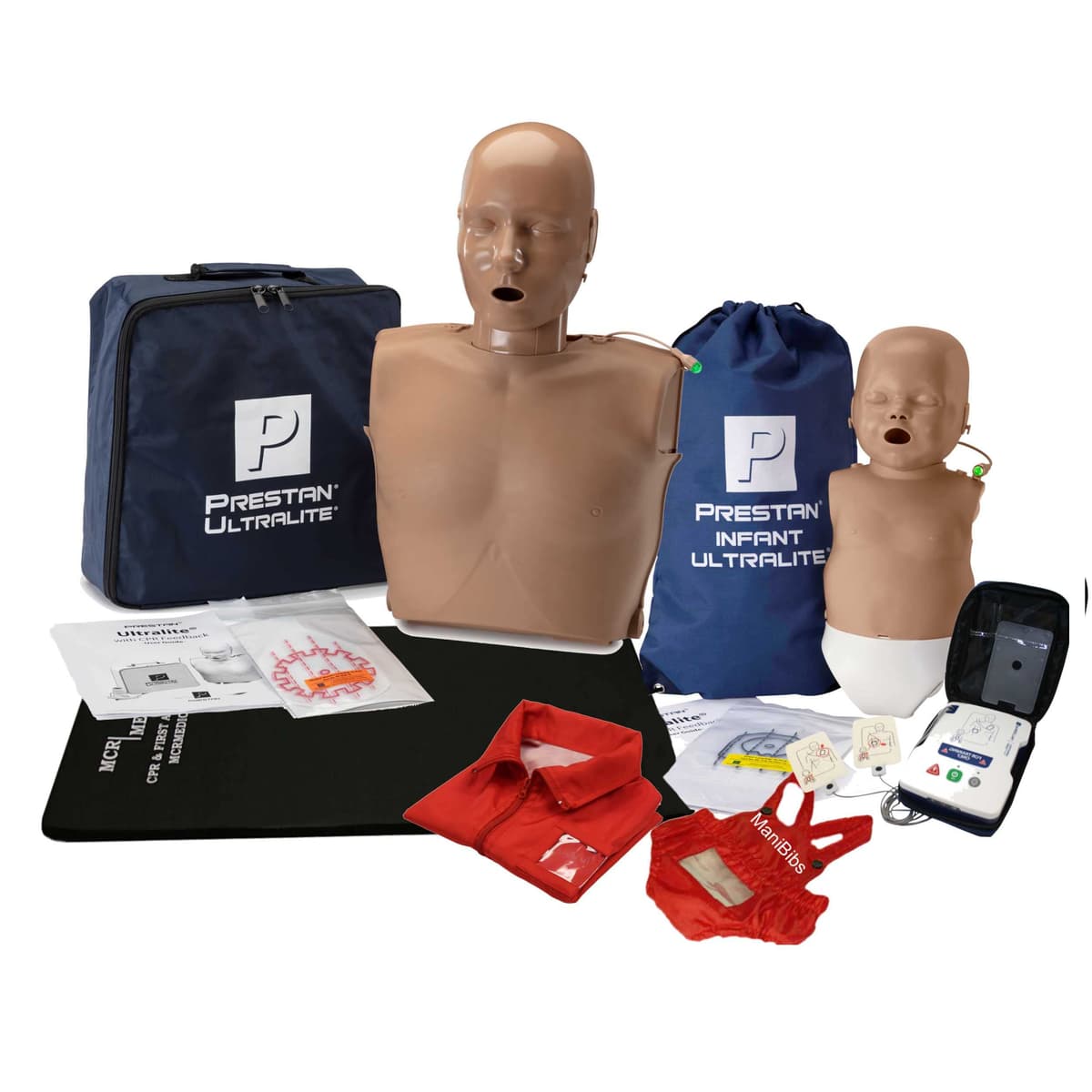 MCR Medical Prestan Ultralite Bundle: Maniquíes RCP Adulto e Infantil tono oscuro con AED UltraTrainer y accesorios K101M-ULM-DS-UT1