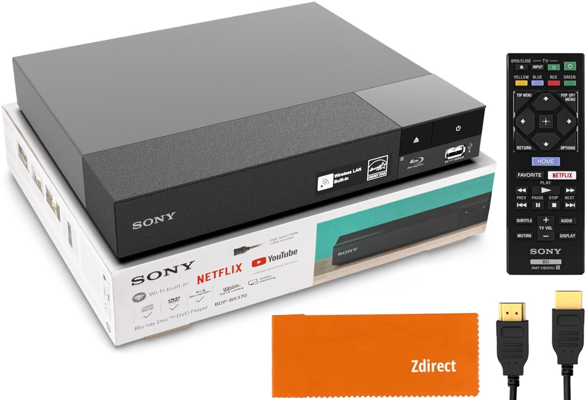 ZDIRECT Sony BDP-BX370 Reproductor Blu-ray/DVD con Wi-Fi y Control Remoto - Bundle con HDMI y Paño