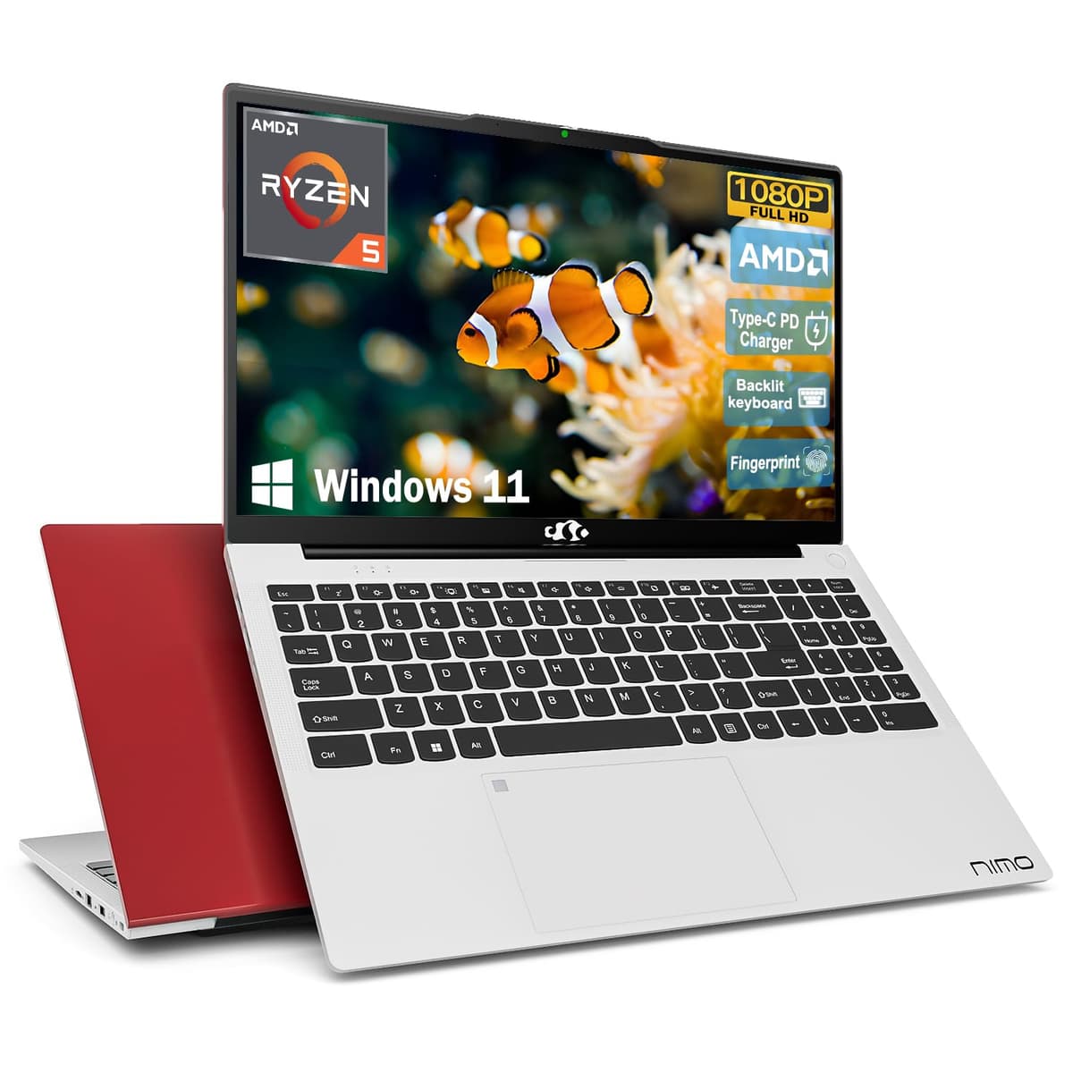 NIMO 15.6 Estudiante-Notebook, AMD Ryzen 5 (Mejor que i5-1135G7), 8GB RAM 256GB SSD, GPU Radeon Vega 8, Teclado Retroiluminado, Type-C PD 65W, Desbloqueo por Huella, USB 3, Cámara 2.0MP, Notebook con Windows 11 para Negocios, Estudio y Trabajo NIMO N152