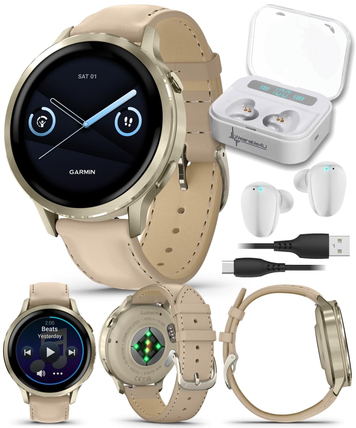 Wearable4U Garmin Venu 4 41mm Lunar Gold con bandas Bone Silicone y Light Sand Leather + Earbuds blancos TWS X7-1