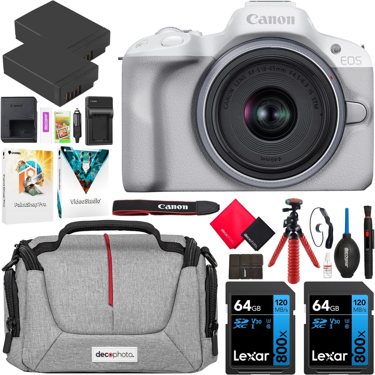 Canon EOS R50 (White) con RF-S 18-45mm F4.5-6.3 IS STM + Bolsa Deco Gear, 2 baterías y 2x64GB E14CNEOSR50W1845STM