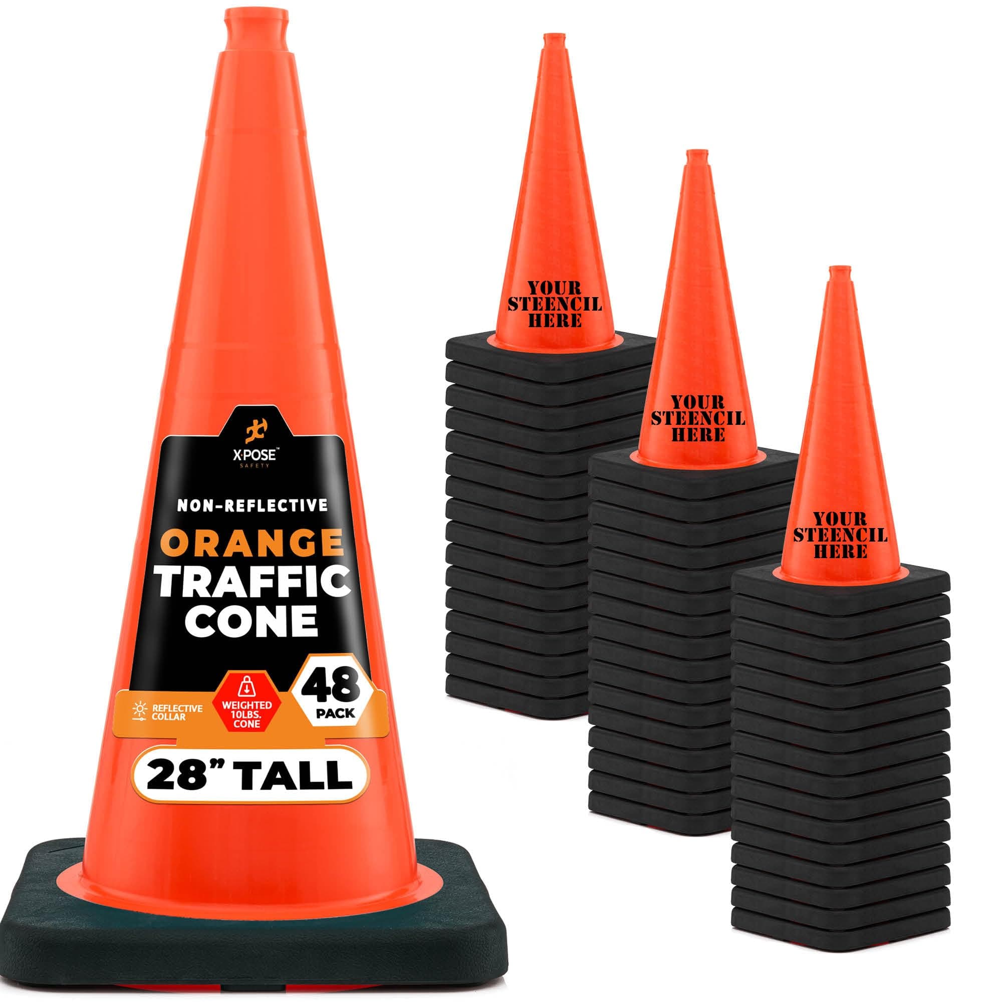 Xpose Safety 28 Inch Orange Traffic Cones Heavy Duty 10lb, 48-Pack - Conos de tráfico naranjas de 28" (48 piezas) OTC28-10L-48-X
