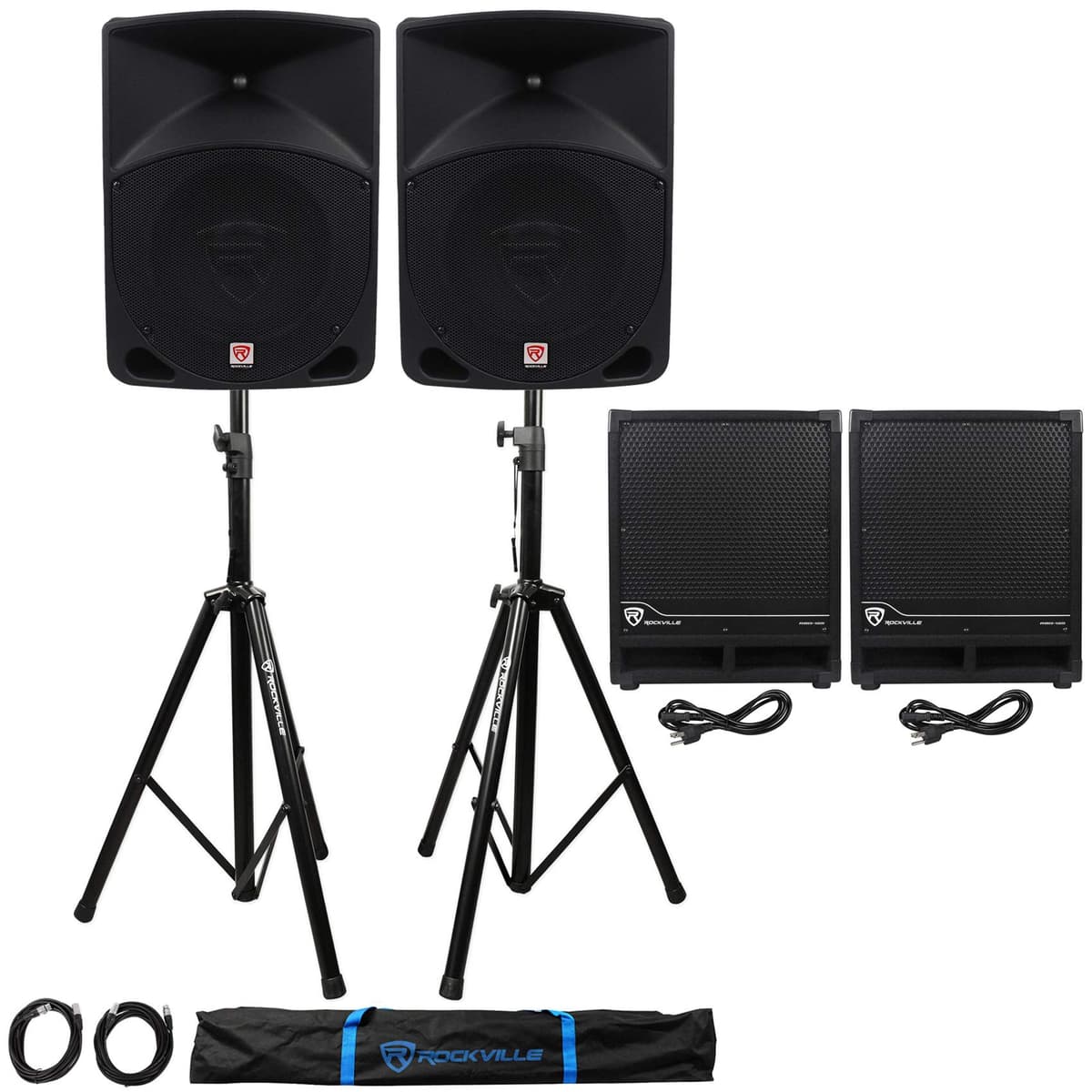Rockville Bundle 2x RPG10 + 2x RBG12S Paquete PA con trípodes y cables (2) RPG10+(2) RBG12S+RVSS2-XLR