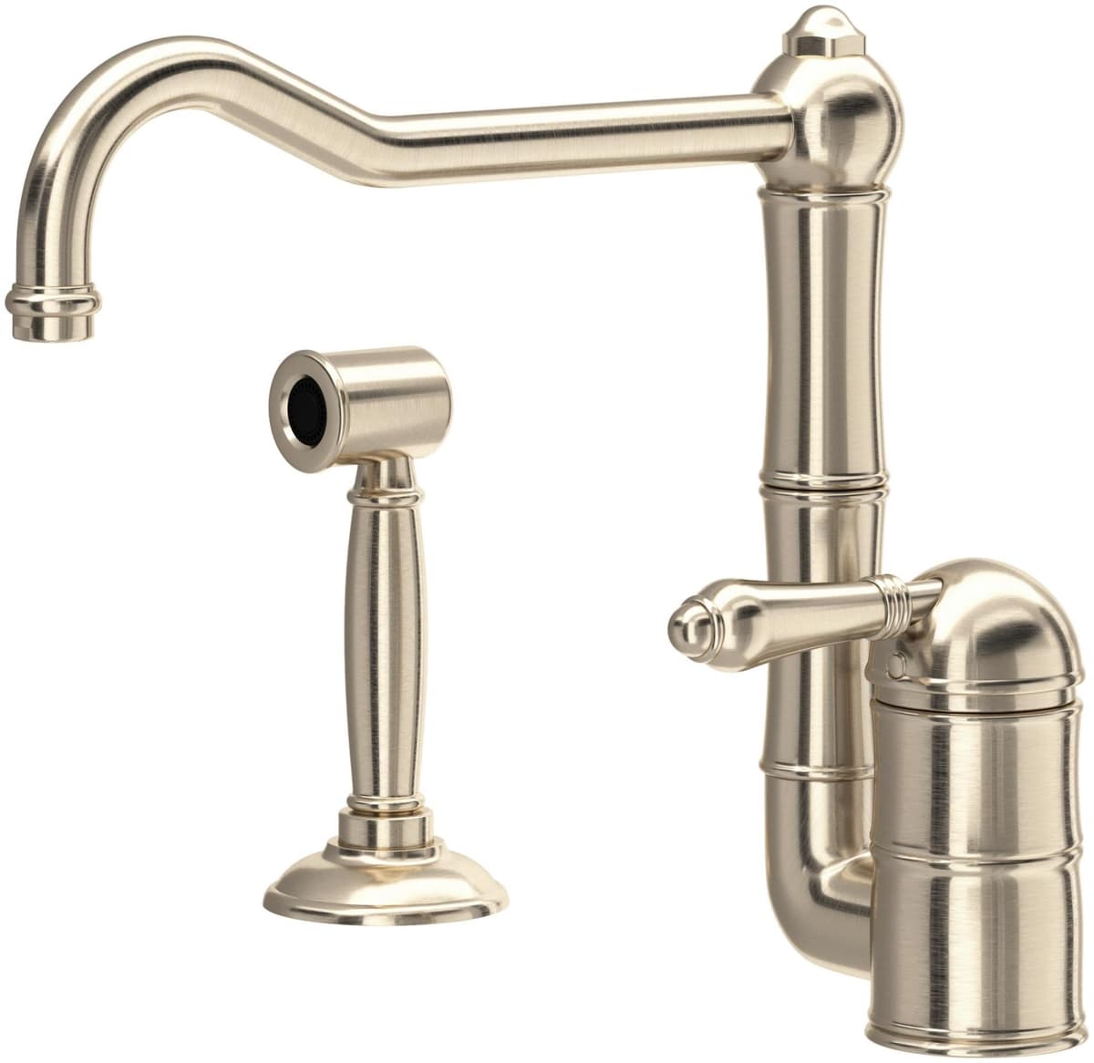 Grifería de cocina Rohl A3608LMWSSTN-2 de un solo mando con caño tipo columna y rociador lateral, níquel satinado