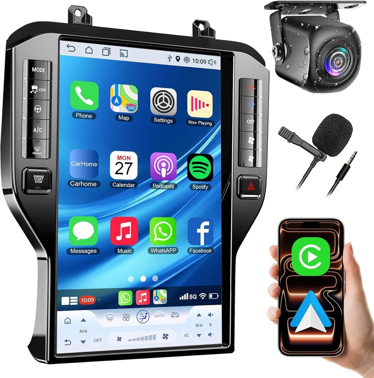 Inexaccessories 8+128 8 núcleos Qualcomm Android 13 Autoradio para Ford Mustang 2015-2023, Pantalla táctil IPS 2K de 14.5 pulgadas con CarPlay/Android Auto inalámbricos, GPS, WiFi, Bluetooth, FM