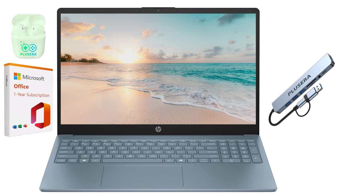 HP Laptop de 15.6" con pantalla LED, Quad-Core Intel Pentium, Windows 11 S con 1 año de Microsoft Office 365 incluido, audífonos PLUSERA (Azul Moonlight, 8GB RAM | 384GB de almacenamiento) HP 15