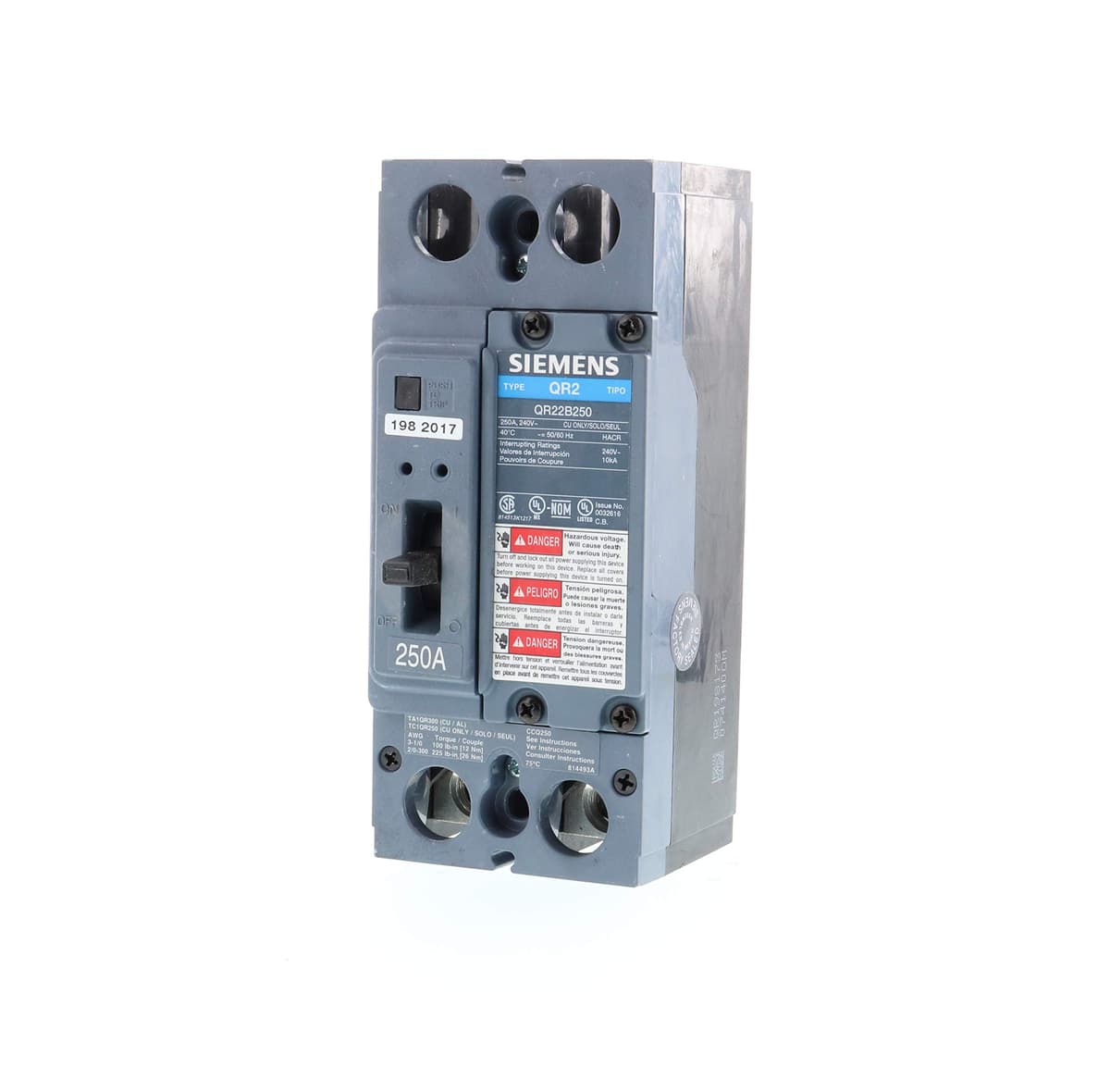 Siemens Interruptor Automático Tipo QR 2-Polo 250 Amp US2:QR22B250