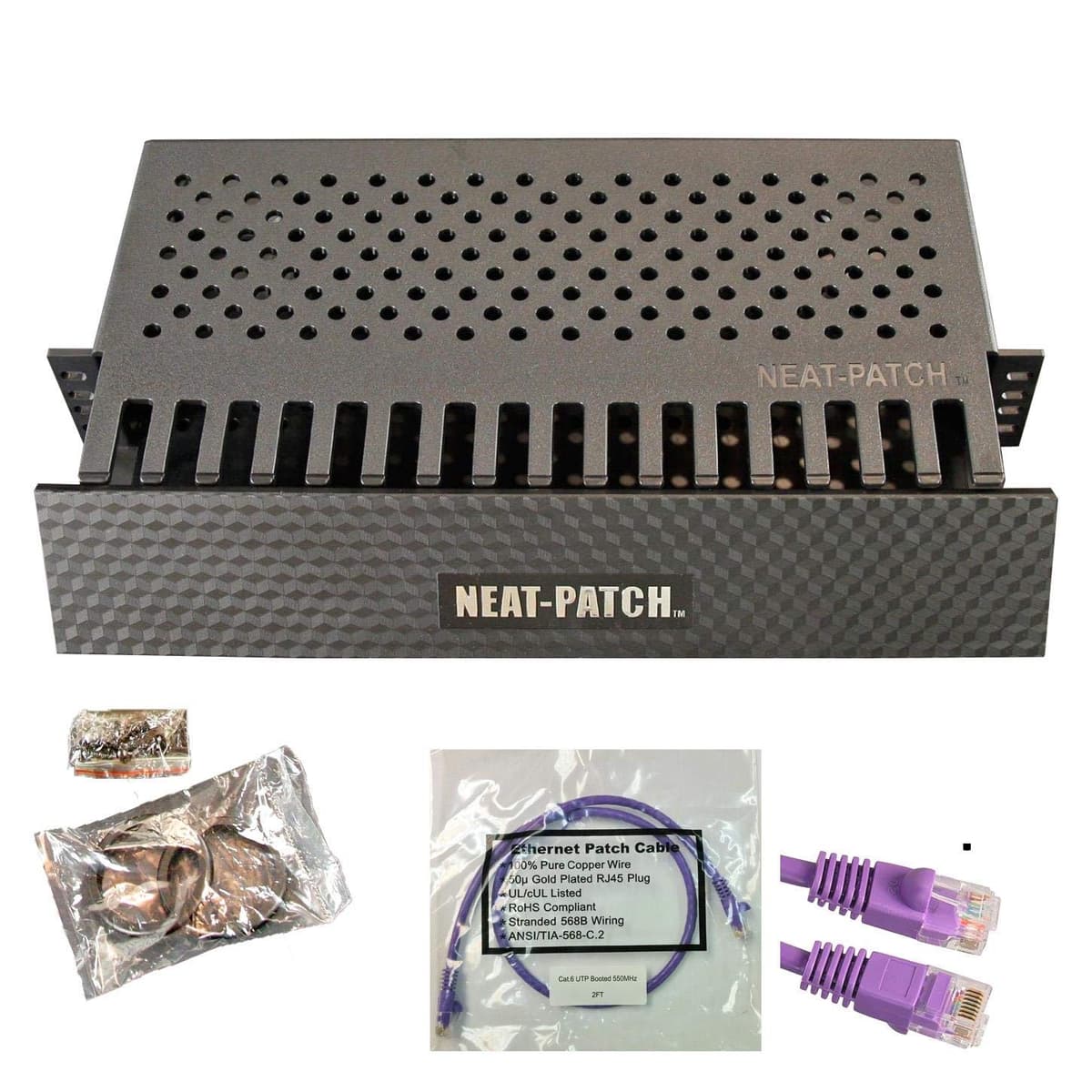 Kit de Gestión de Cables Neat Patch 2U - Paquete de 5 con 240 Cables Patch CAT6 (2FT Morado) NP2-5PK-240CAT6-PU