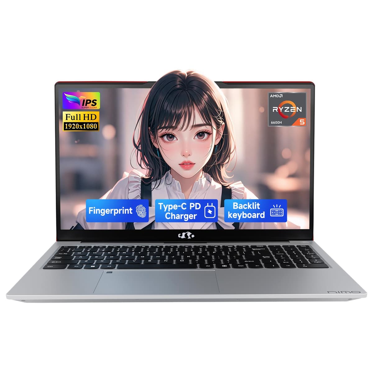 NIMO Notebook Gaming 15,6" IPS FHD, AMD Ryzen 5 6600H, 32 GB DDR5 RAM, 1 TB SSD (Mejor que i7-1165G7, 6 núcleos hasta 4,5 GHz), GPU AMD Radeon 660M 100W, Carga rápida USB-C PD, Teclado retroiluminado, Lector de huellas ARN21S