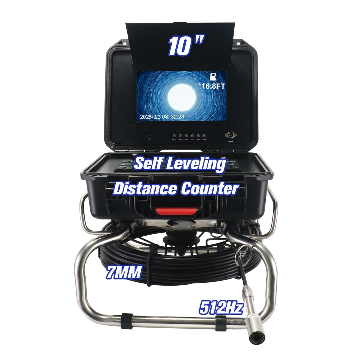 Gatebig Sewer Camera con transmisor 512Hz, contador de distancia, autnivel, pantalla 10'' IPS, DVR, 12 LEDs, cable 7mm 131FT 10DV-512T-40M