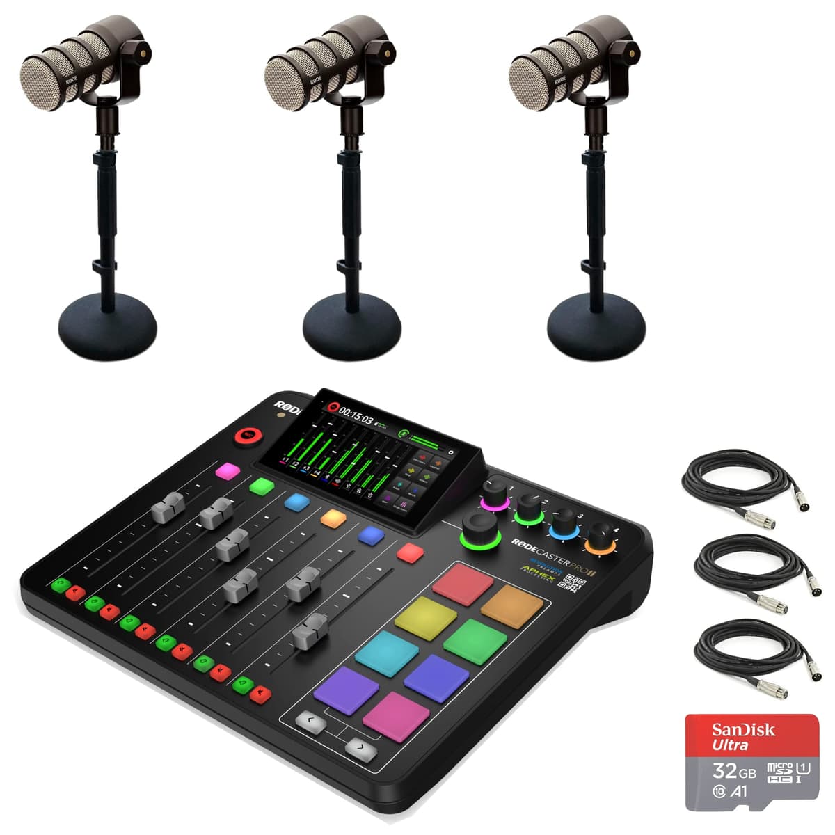 StreamEye Rode RODECaster Pro II Consola de Producción de Audio + 3x PodMic, 3x DS1, 32GB microSD y Accesorios RCPII | PodMic | DS1 x3