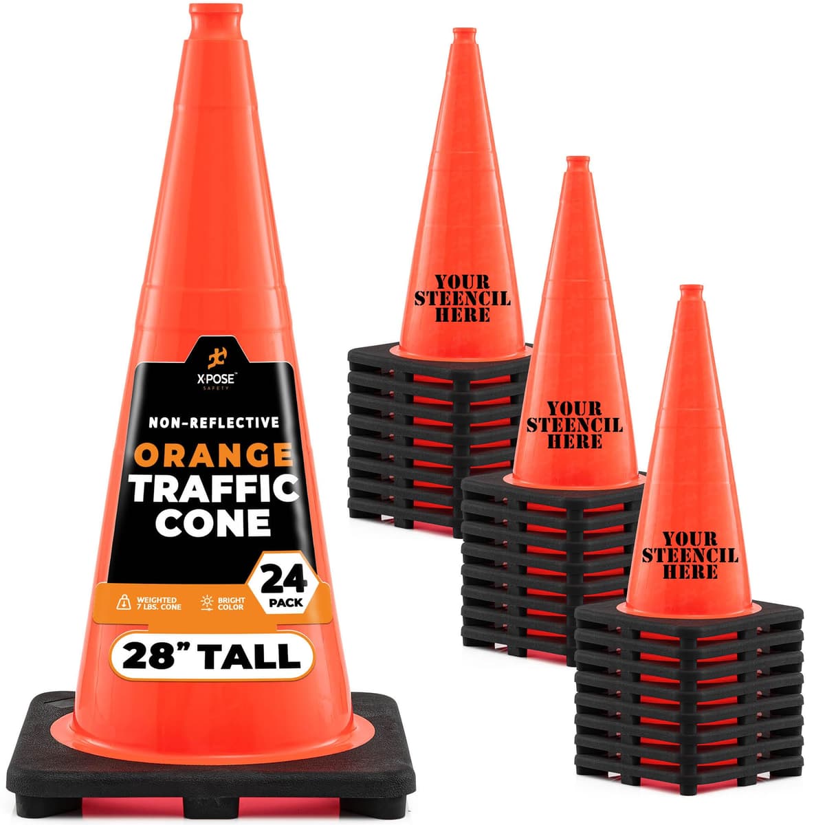 Xpose Safety Conos de tráfico naranjas 28" - paquete de 24, PVC, base negra, DOT OTC28-24-X