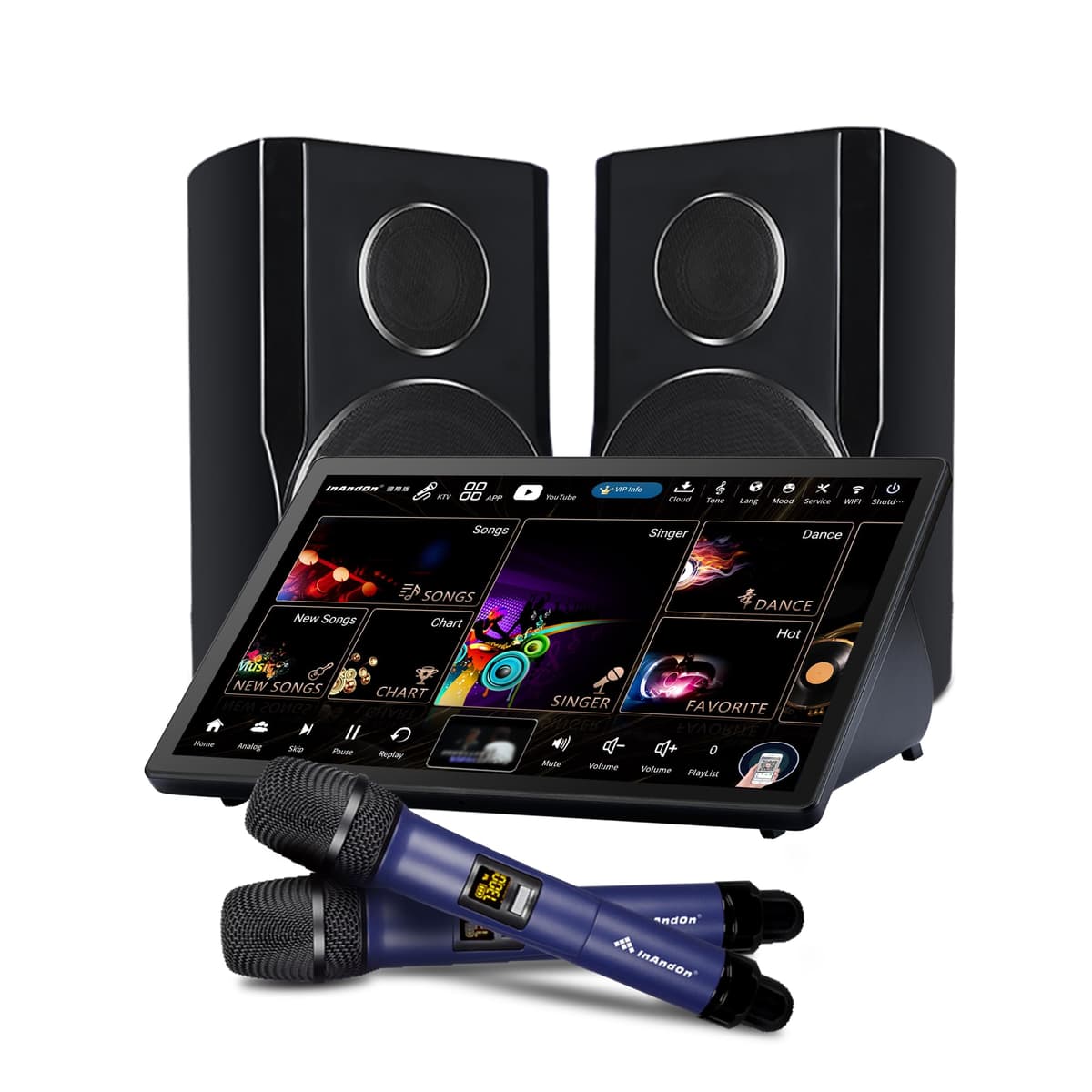 Máquina de karaoke 5en1 Inandon con pantalla táctil 15.6'' y micrófonos inalámbricos UHF TPF 156 96t