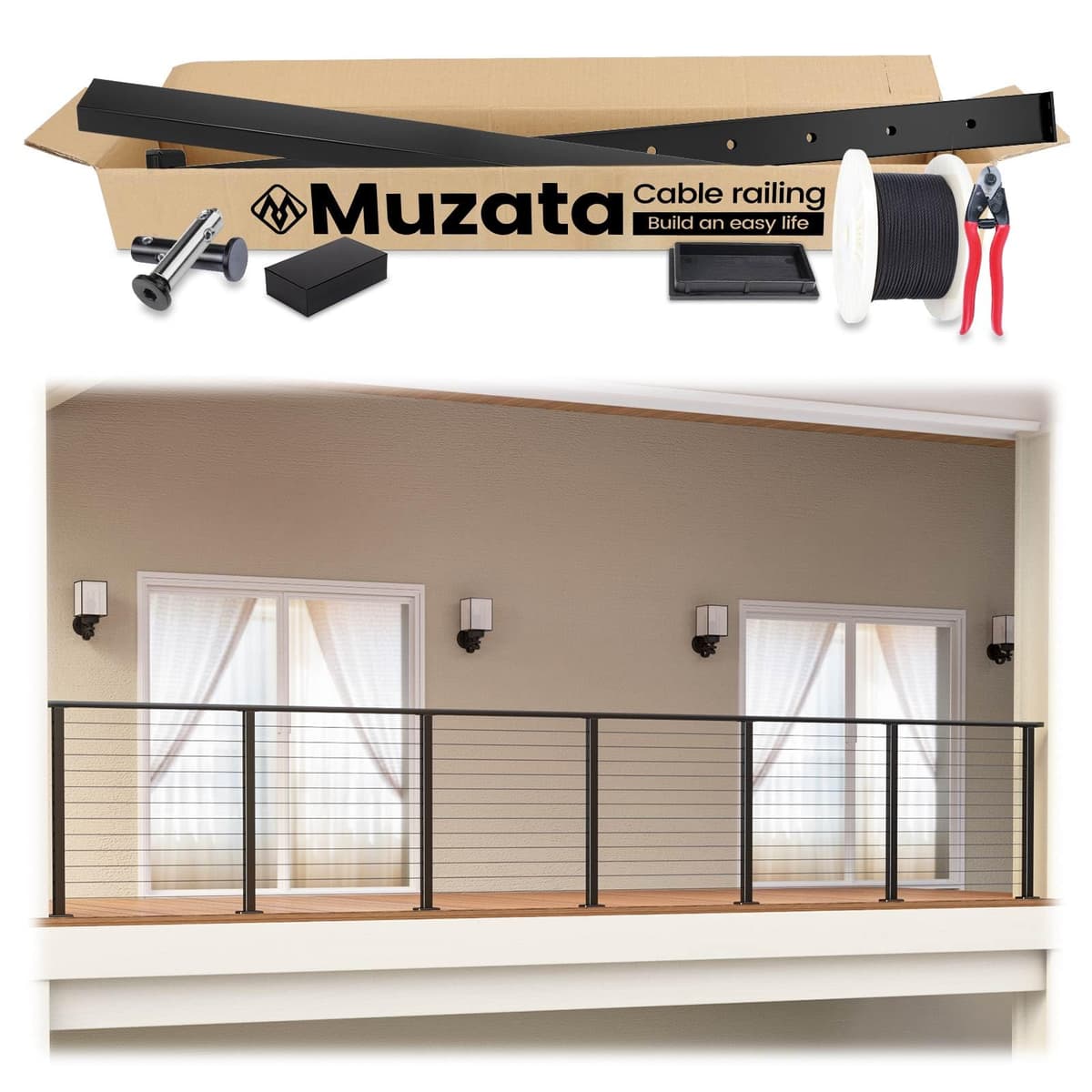 Muzata RCS2 Kit Completo Barandal por Cable 19'6"-26' Surface Mount 42" - Negro, Set Completo MZZ2363