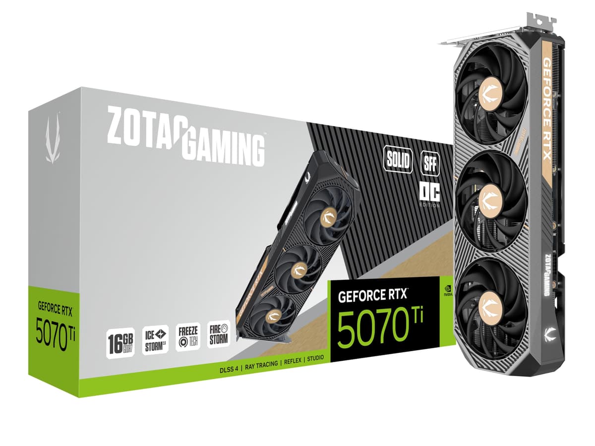 ZOTAC Gaming GeForce RTX 5070 Ti Solid SFF OC DLSS 4 16GB GDDR7 256-bit 28 Gbps PCIE 5.0 Tarjeta Gráfica para Juegos, IceStorm 2.0 Refrigeración Avanzada, ZT-B50710J3-10P