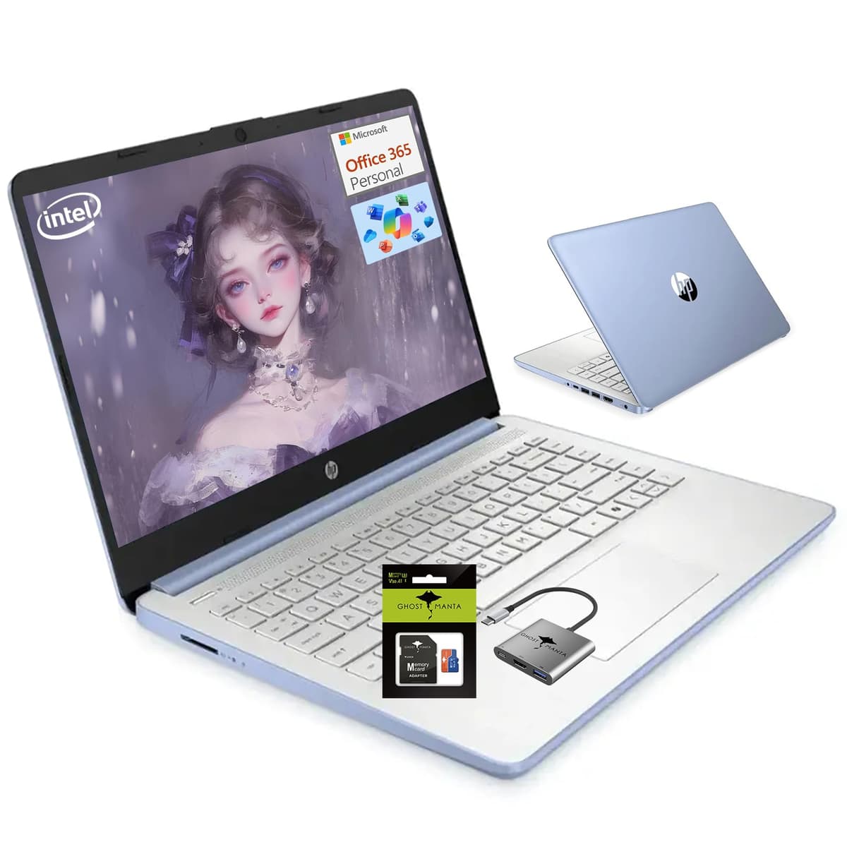 HP Laptop 14" Microsoft 365, Procesador Quad-Core (Mejor que i3), 8GB RAM, 1.38TB Almacenamiento (128GB eMMC + 256GB Tarjeta SD y 1TB en la Nube), WiFi 6, Windows 11, para Hogar, Estudiantes y Negocios con Accesorios GM