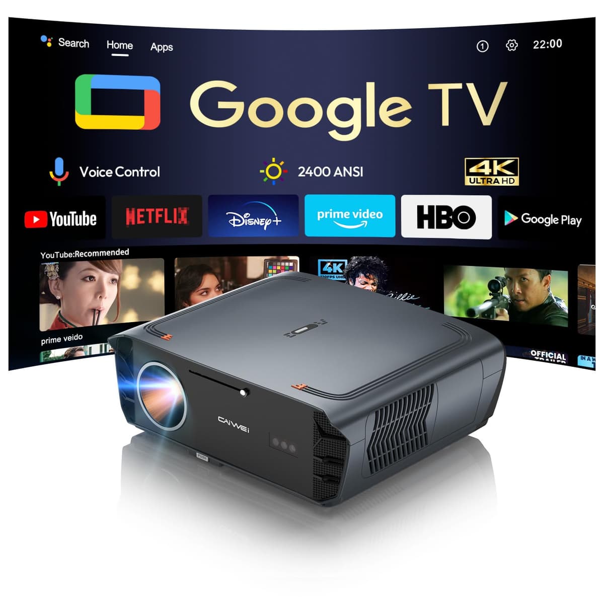 CAIWEI Proyector Smart 4K Google TV S7 - 2400 ANSI, HDR10+, WiFi6, Bluetooth, enfoque automático ToF, Dolby Audio, NFC