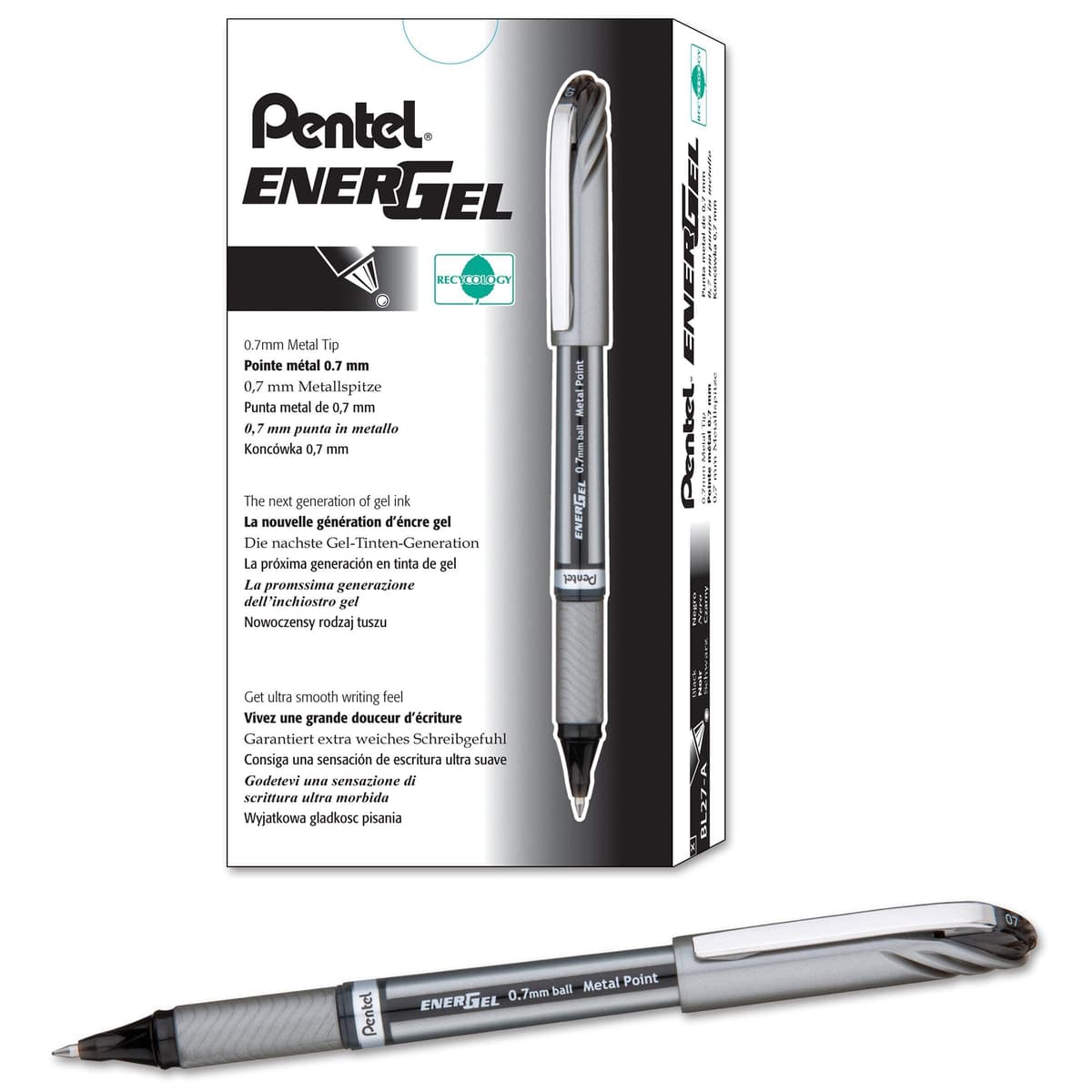 Pentel ENER-GEL NV bolígrafo líquido 0.7mm punta metálica, tinta negra, caja de 12 (BL27-A) (Pack de 48)