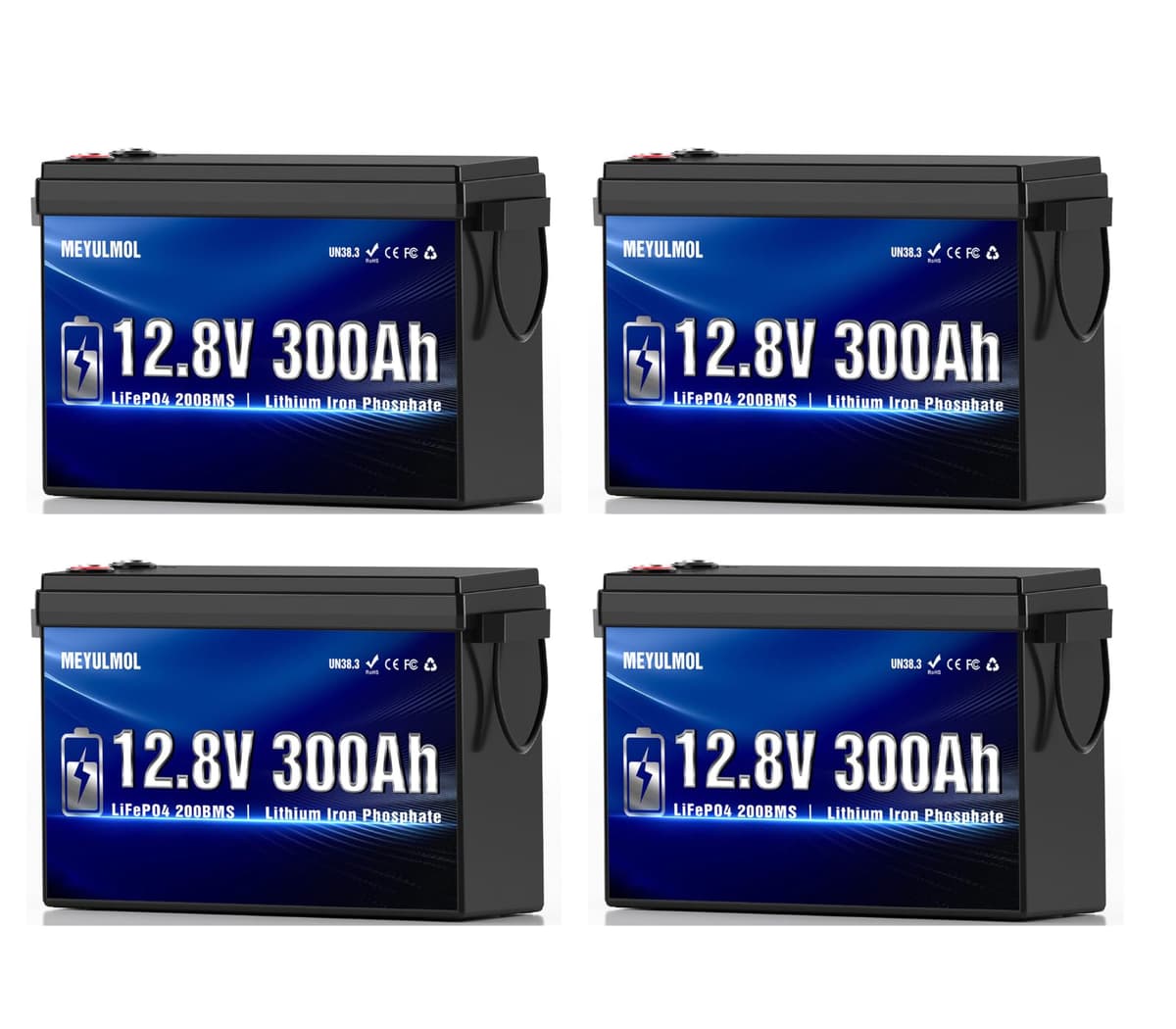 MEYULMOL 12V 300Ah LiFePO4 Battery - Pack de 4, 200A BMS, 3840Wh