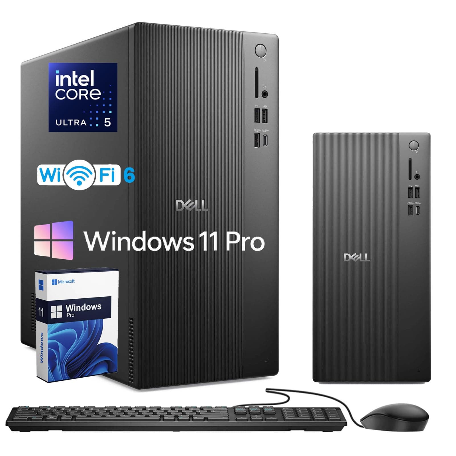 Dell Slim Desktop ECT1250 PC con IA, Intel Ultra 5 de 10 núcleos 225, 16 GB DDR5 RAM, 512 GB SSD PCIe, Windows 11 Pro, compatible con múltiples monitores, teclado y mouse con cable, Wi-Fi 6, HDMI, accesorios V90FC
