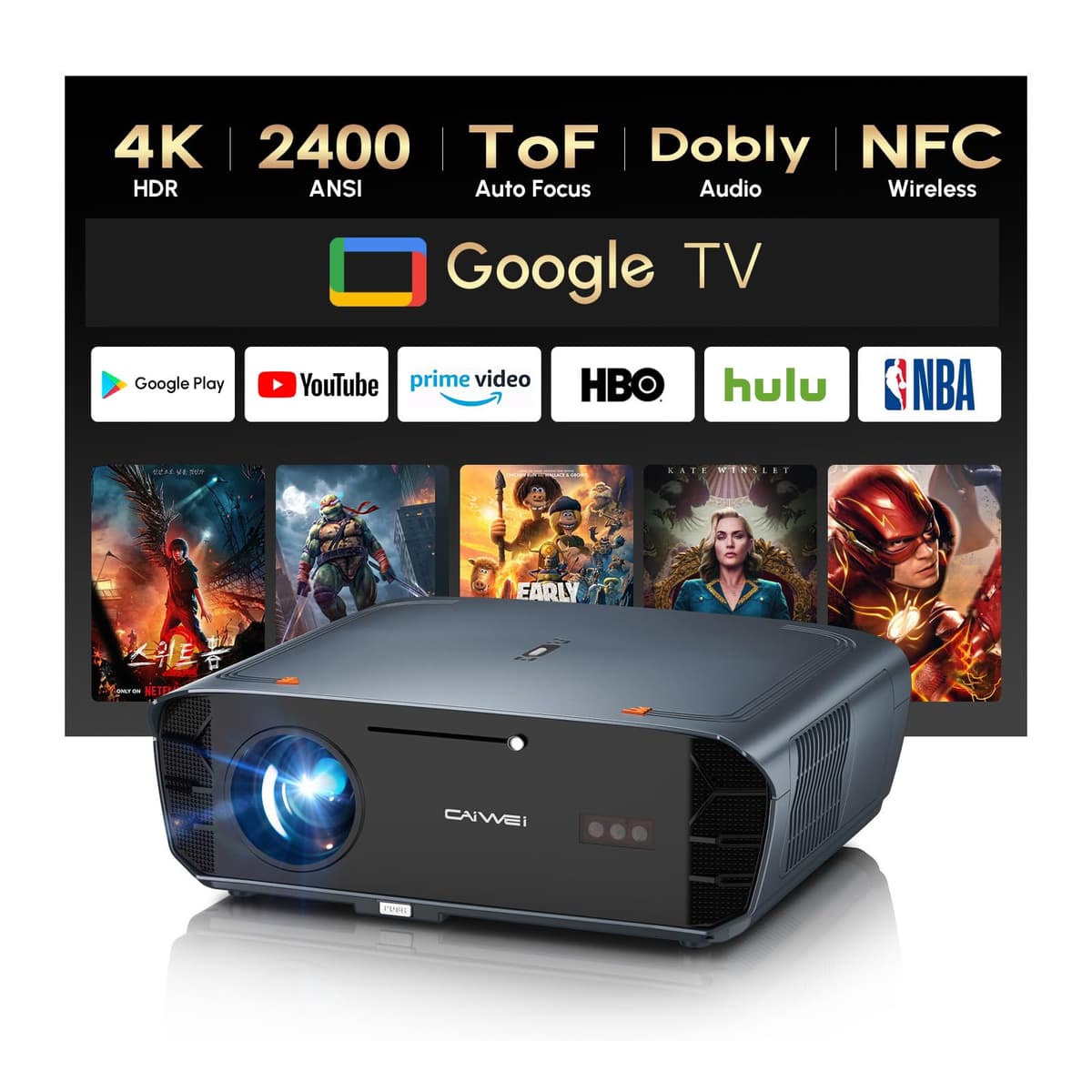 CAIWEI Projector Google TV 4K 2400 ANSI con HDR10+, ToF Autofocus y WiFi6 S7