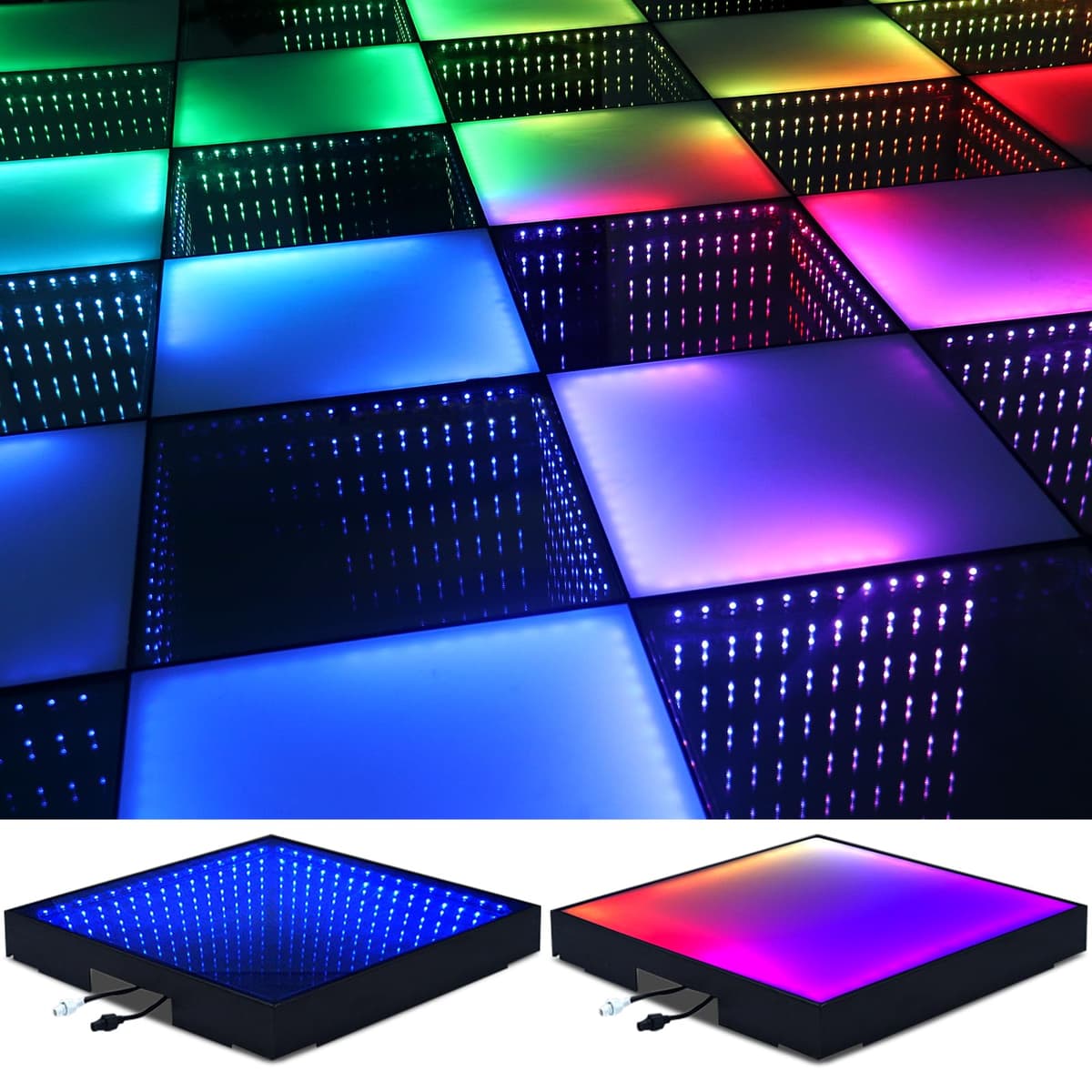 MKORMK Pista de baile 3D 25 LEDs, vidrio templado 8x8 ft con flight case y efecto infinito (3D+RGB-Wired) SYD1011