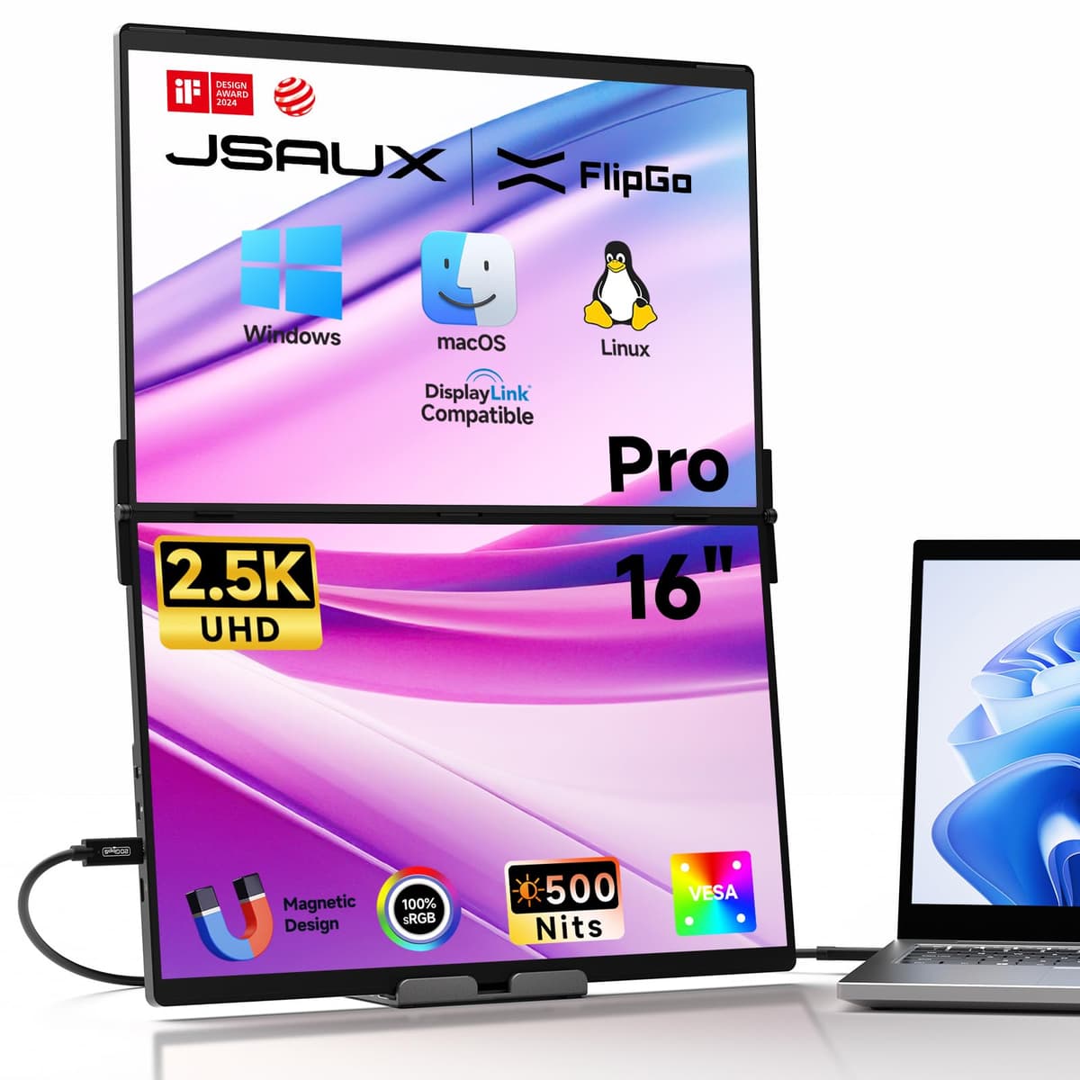 JSAUX FlipGo Pro 16" Monitores portátiles duales 2.5K con DisplayLink JSUSPM0205BK16IN