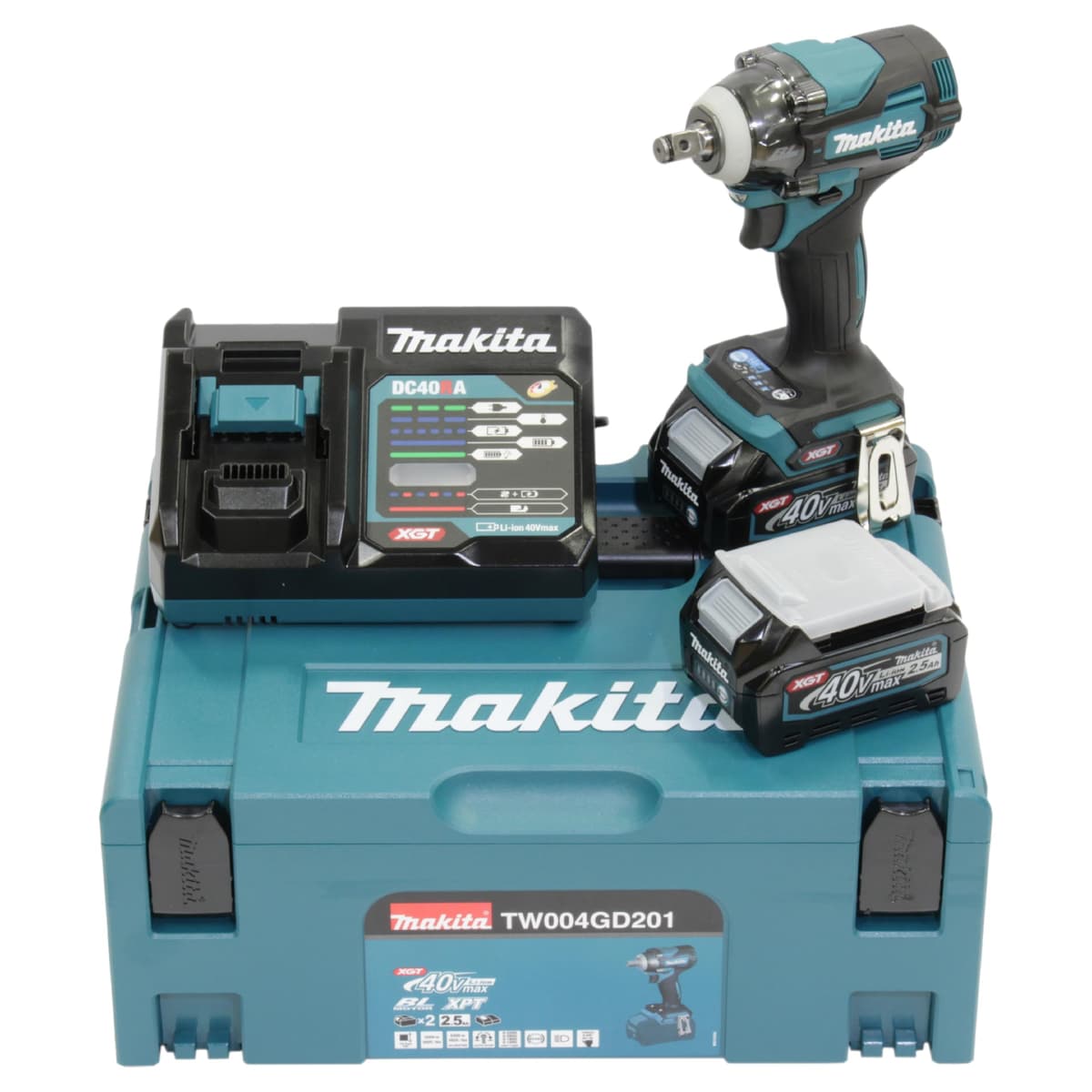 Makita TW004GD201 Llave de impacto 40V XGT sin escobillas con 2 baterías 2.5Ah y cargador en Makpac