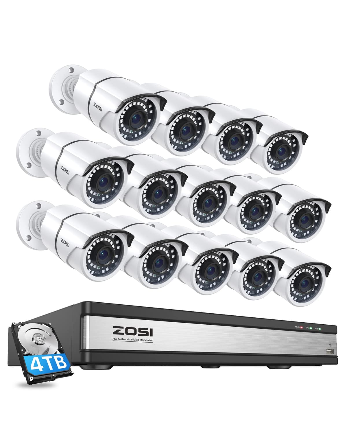 ZOSI Sistema de Seguridad PoE 16CH 4K NVR 4TB con 14 Cámaras 5MP 16DK-2615W14-40-US