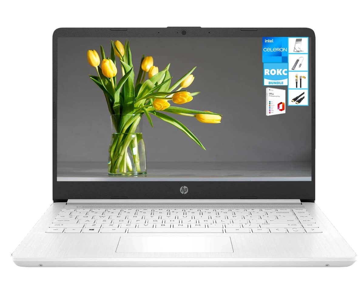Portátil HP con Windows 11, pantalla HD de 14 pulgadas, Microsoft Office y 1 TB de almacenamiento en la nube (1 año) | 16 GB RAM | 64 GB eMMC y tarjeta de 64 GB | CPU Intel de 4 núcleos | Wi-Fi | Bluetooth | Ultra ligera | Blanca | Paquete RK 14-dq0052dx