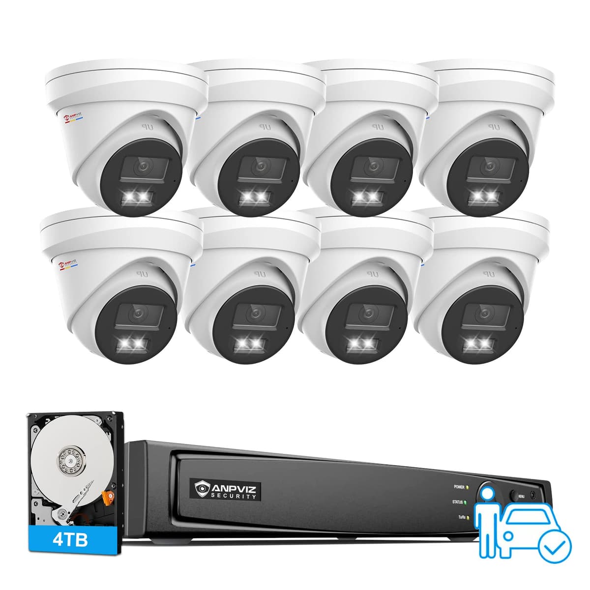 Anpviz Sistema de Cámaras de Seguridad PoE 16CH 12MP, 8 Cámaras PoE Cableadas 5MP con Micrófono, Detección de Personas/Vehículos, Visión Nocturna Inteligente de Doble Luz, NVR 16CH con HDD de 4TB para Grabación 24/7, CCTV para Negocios IPK-7616-353-8-4TB