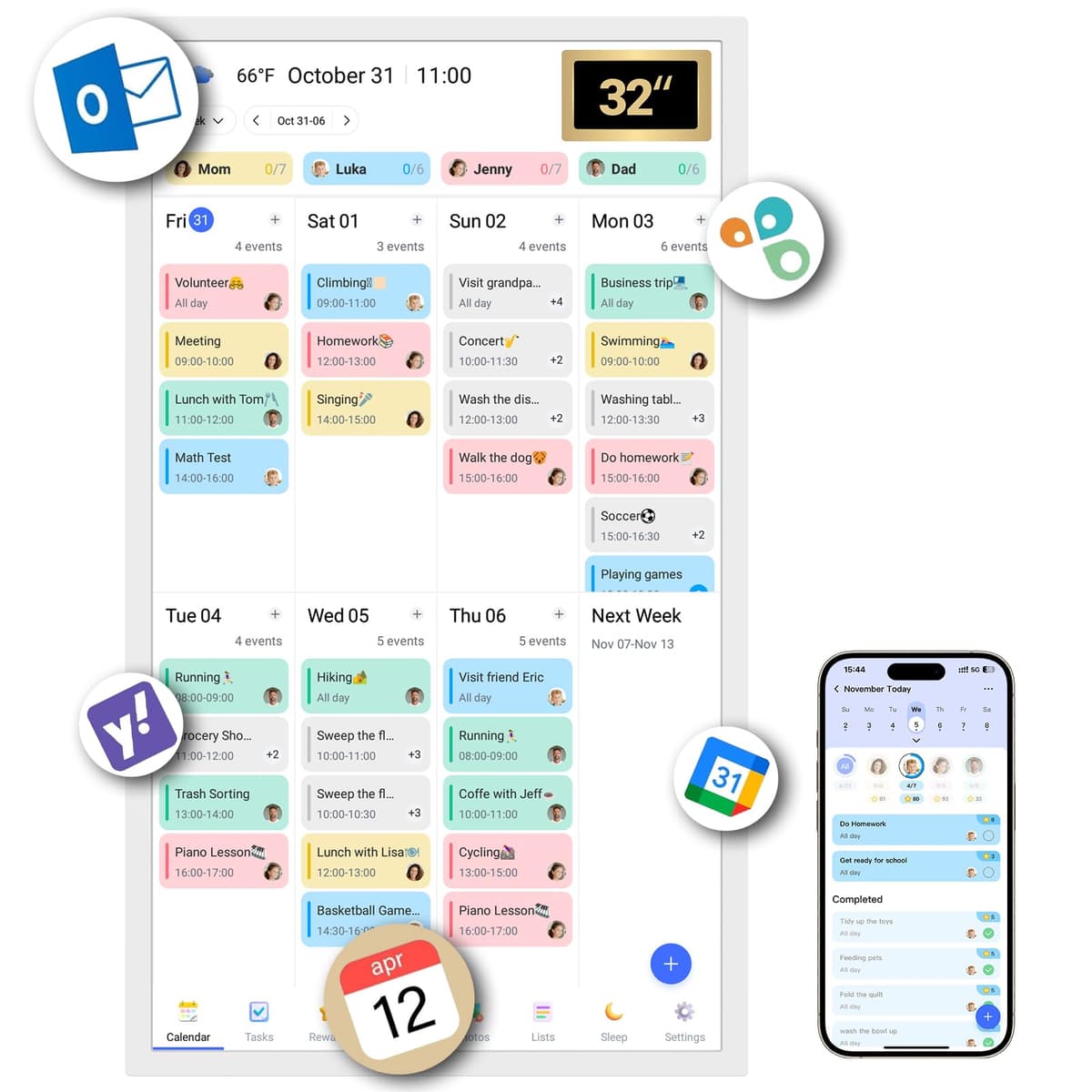 Calendario digital de pared táctil 32" BSIMB para planificación familiar y recordatorios